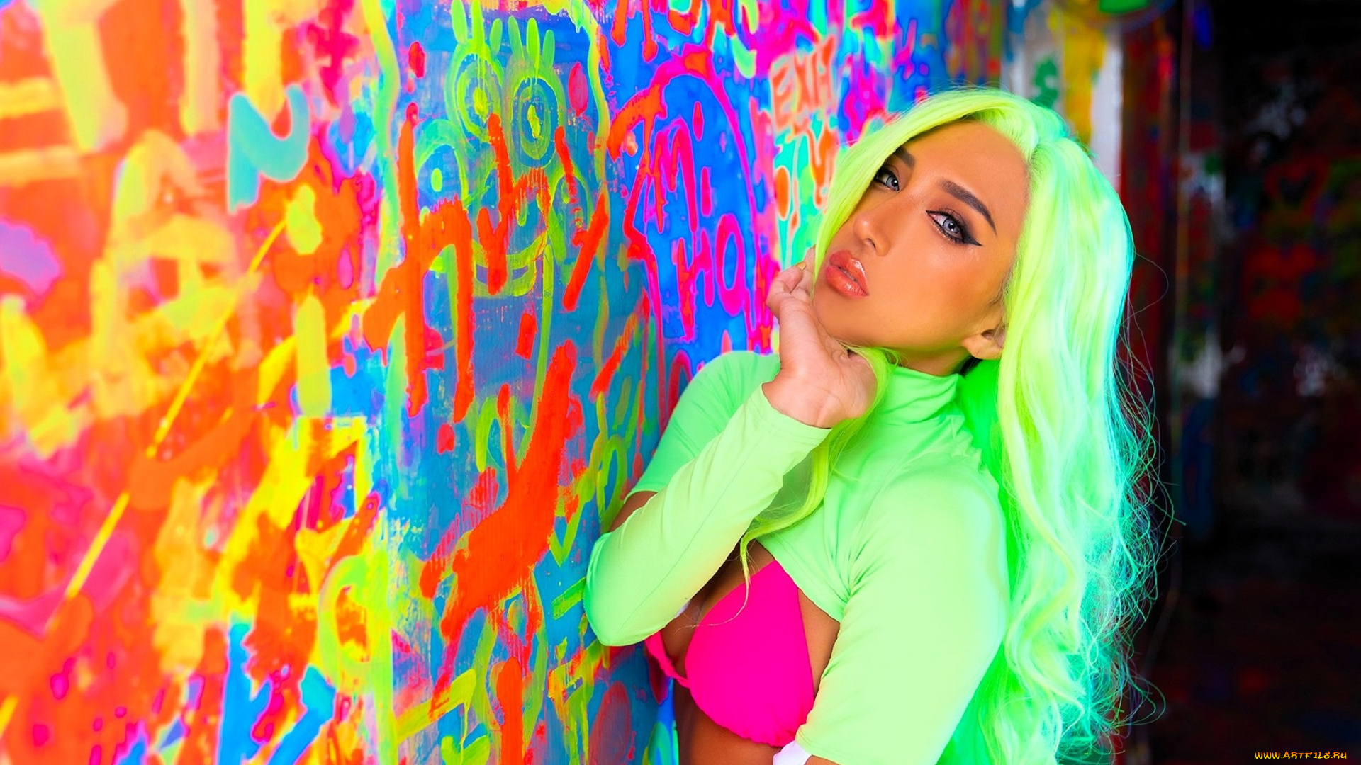 девушки, nonsummerjack, зеленые, волосы, купальник, неон, граффити, коридор, топ