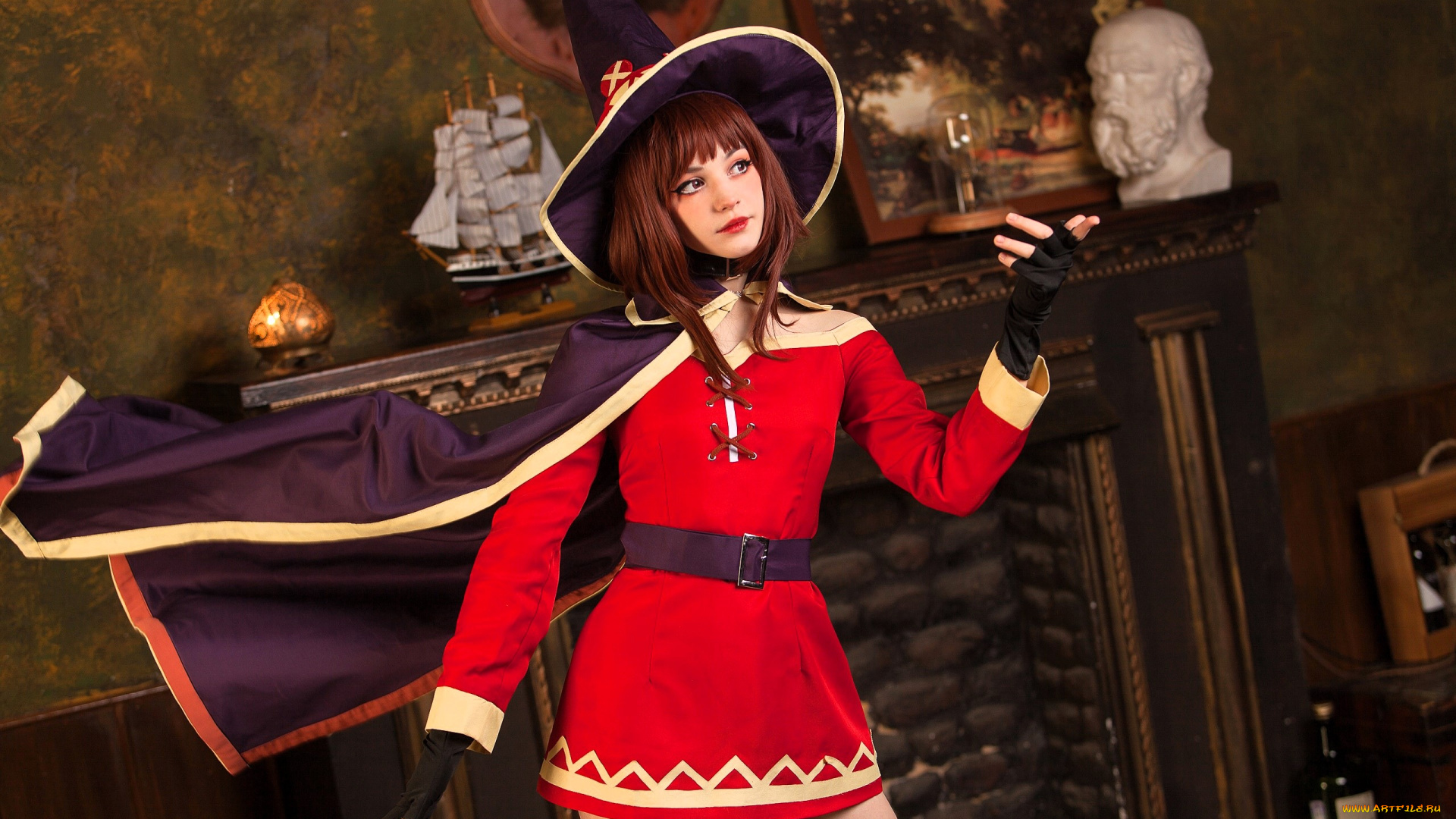 девушки, tenletters, косплей, образ, наряд, костюм, шляпа, плащ, камин