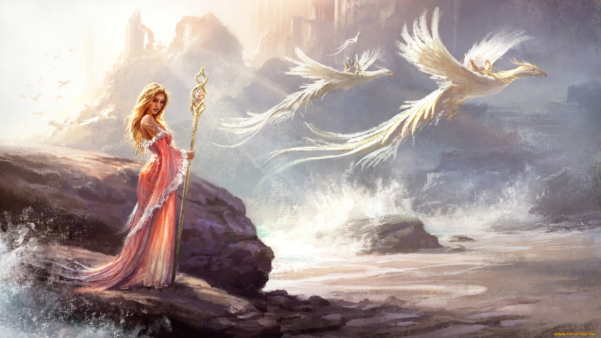 фэнтези, иные, миры, , иные, времена, арт, горы, птицы, девушка, посох