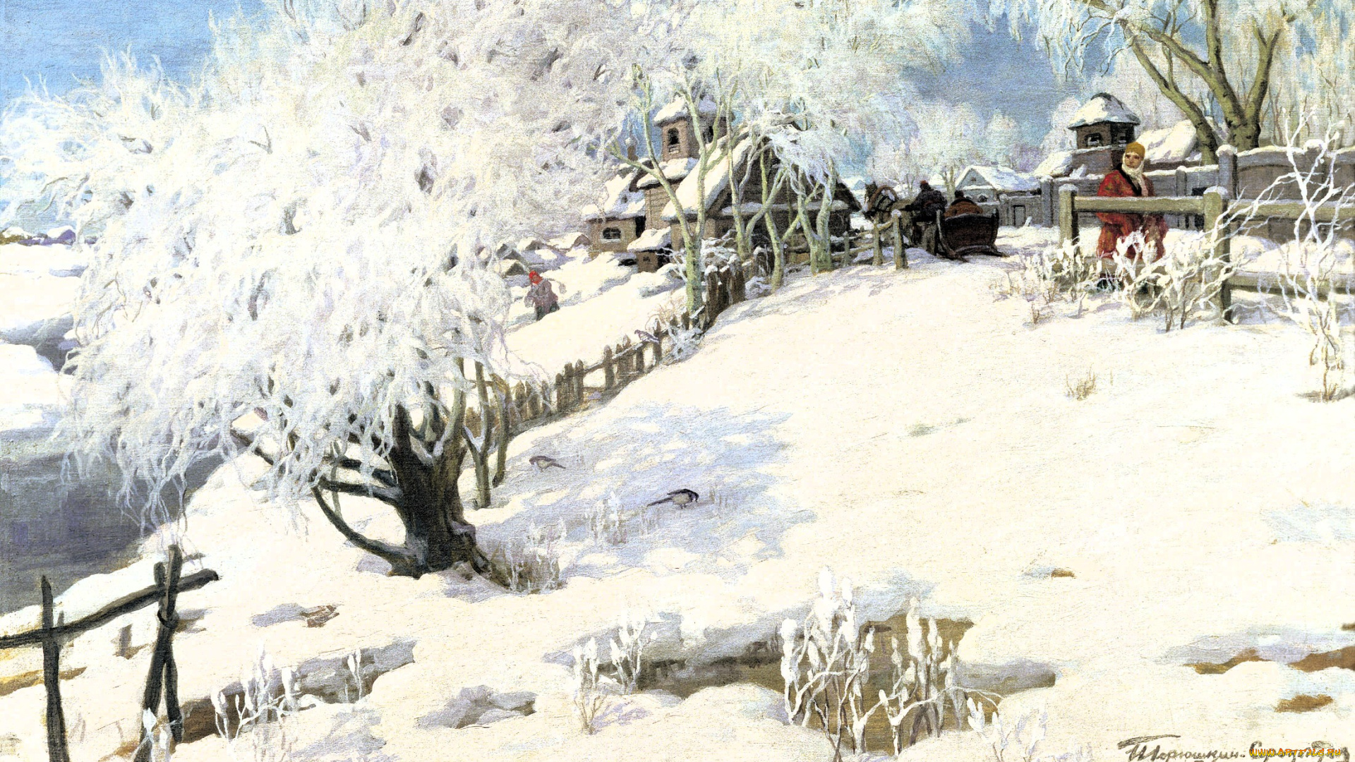 рисованное, живопись, деревья, дома, улица, женщина, ограда, снег, зима