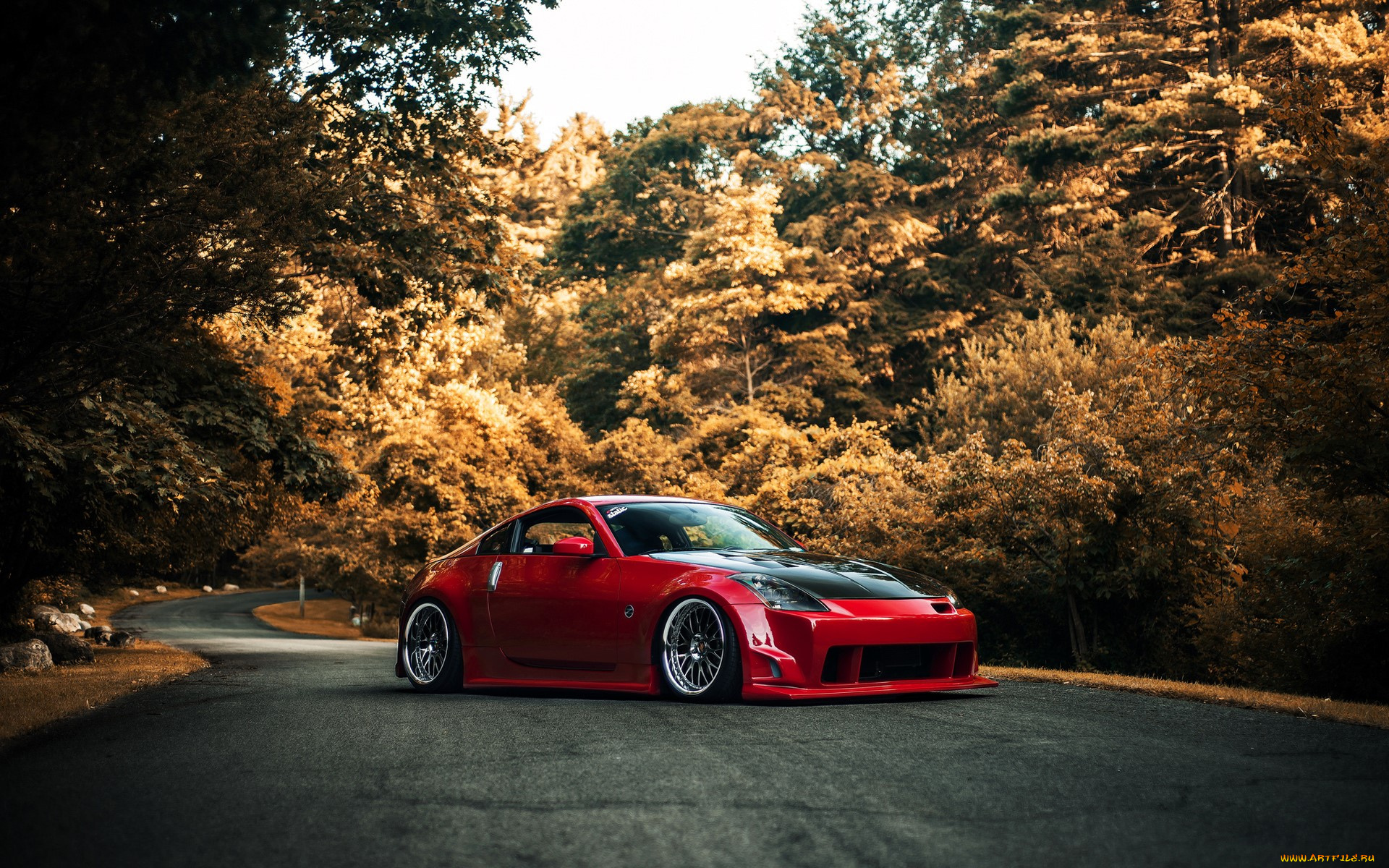 nissan, 350z, автомобили, nissan, datsun, красный, дорога, шоссе, лес, деревья