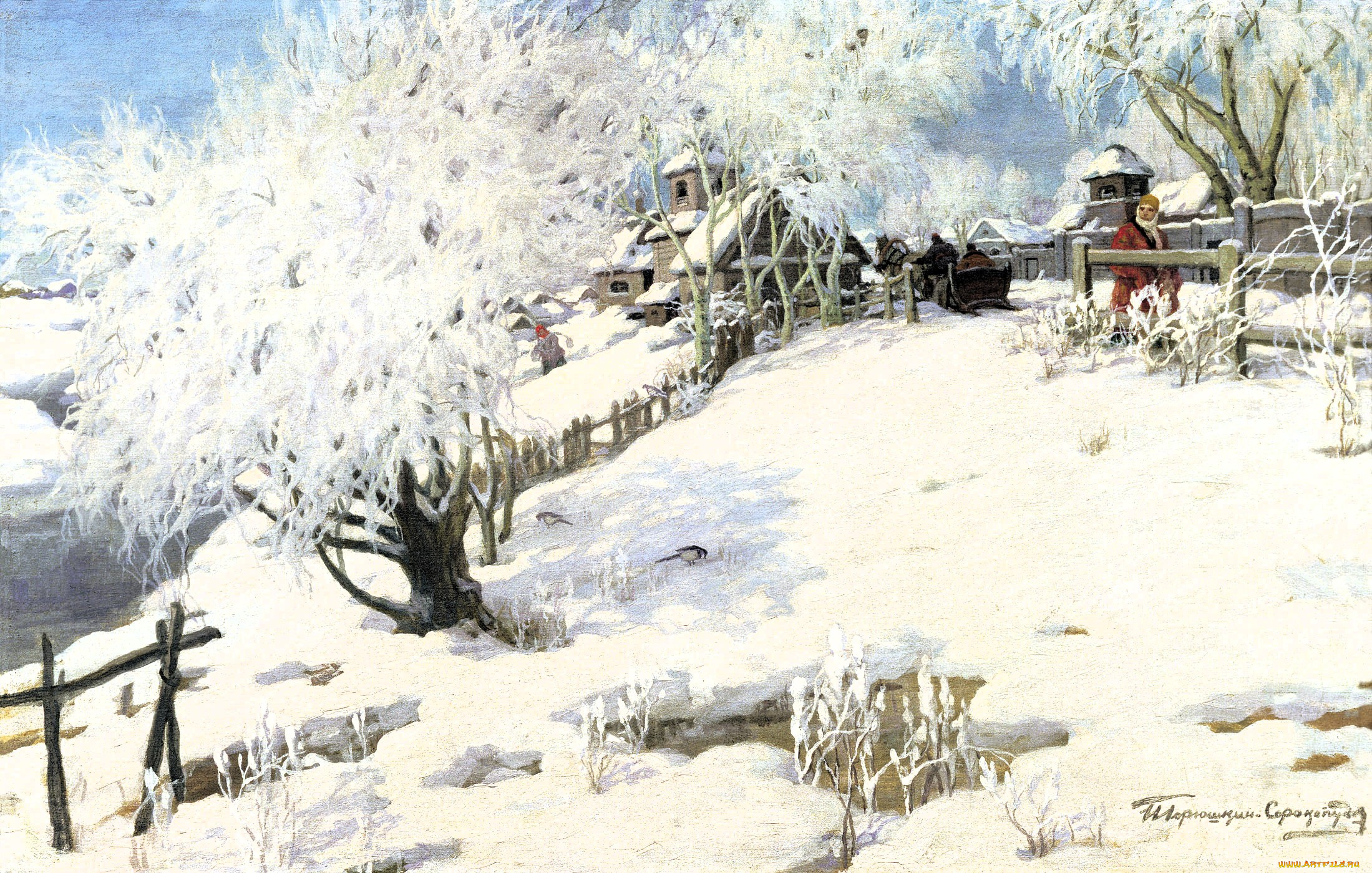 рисованное, живопись, деревья, дома, улица, женщина, ограда, снег, зима