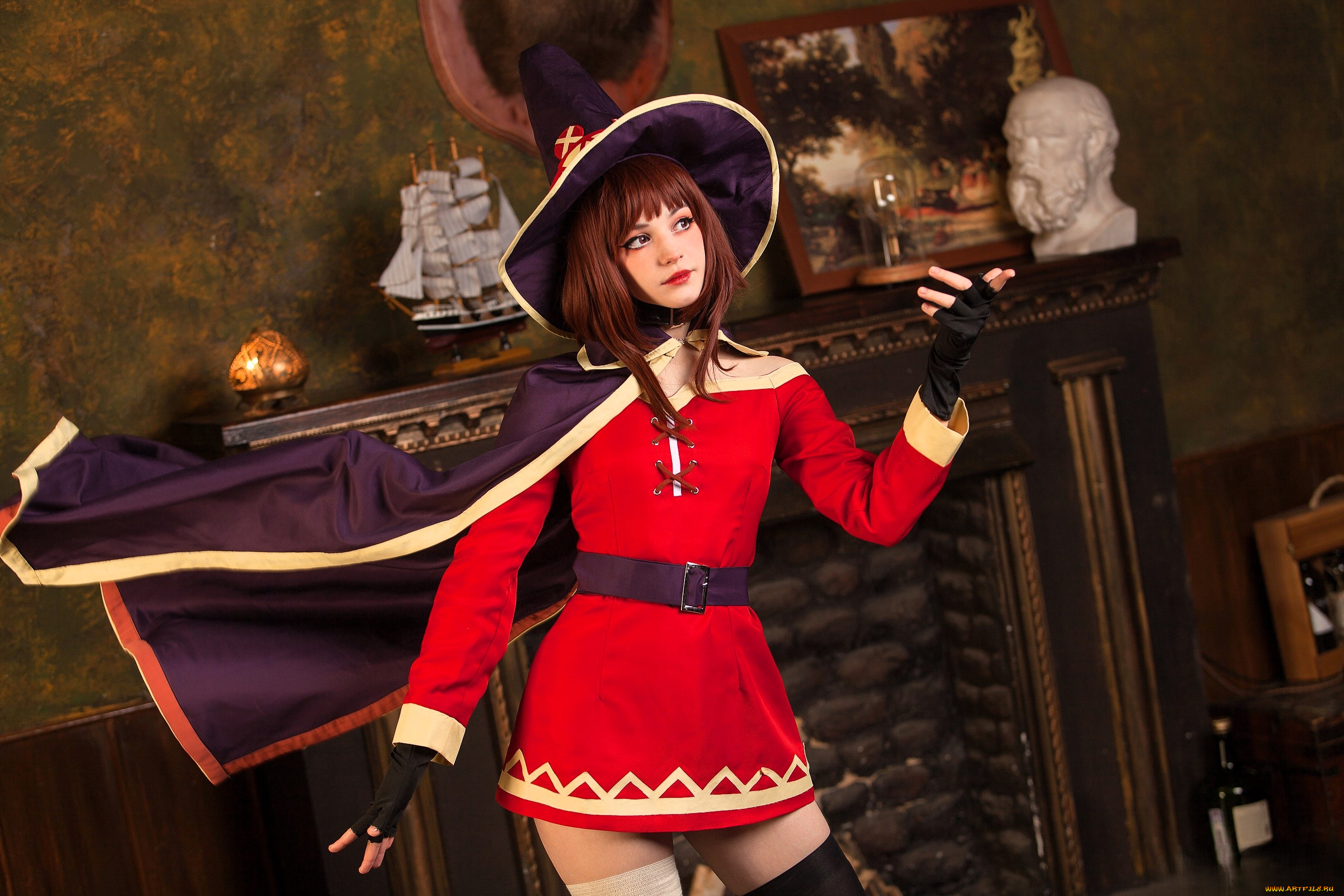 девушки, tenletters, косплей, образ, наряд, костюм, шляпа, плащ, камин