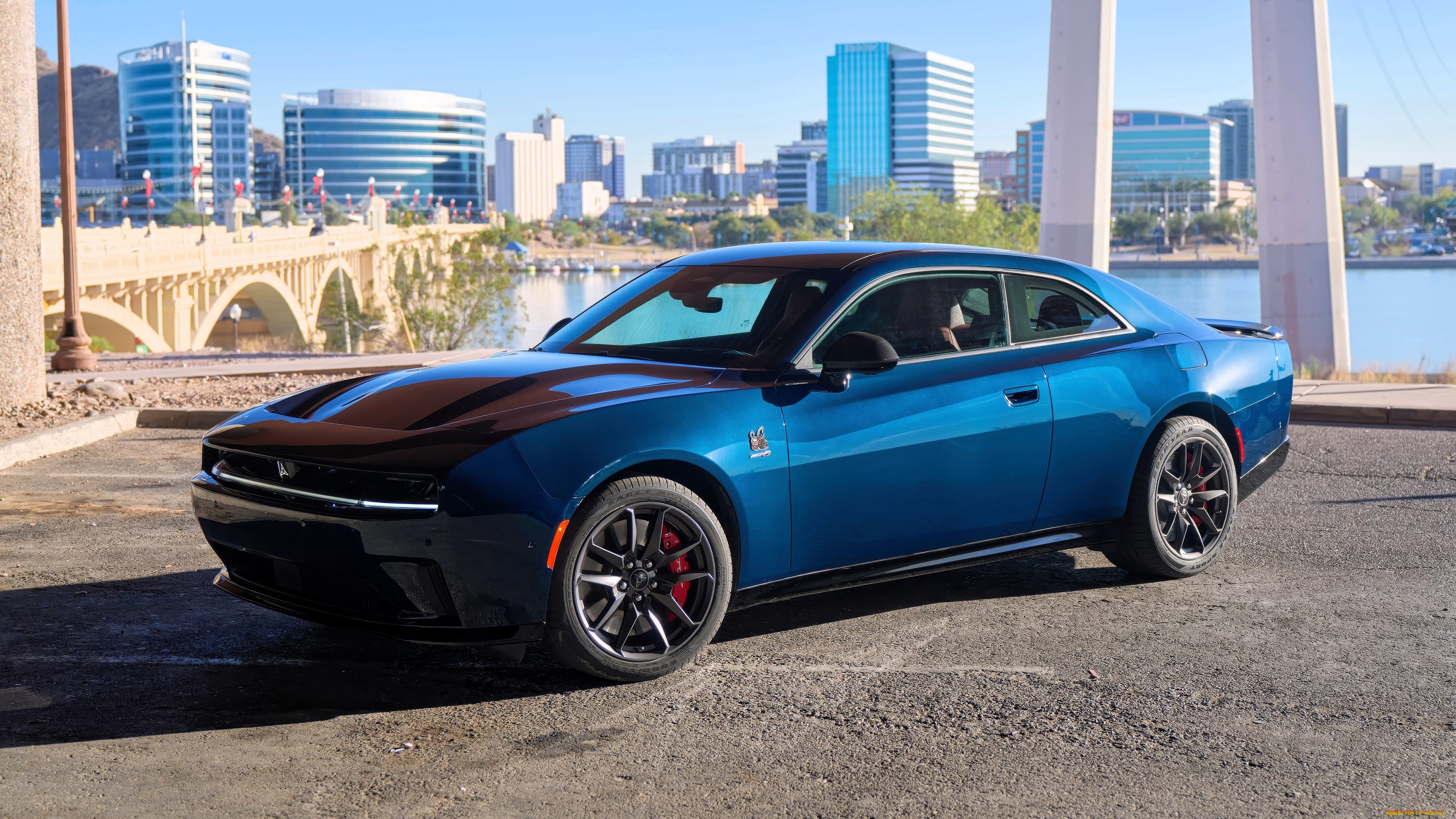 dodge, charger, daytona, автомобили, dodge, синий, город, мост, здания, река