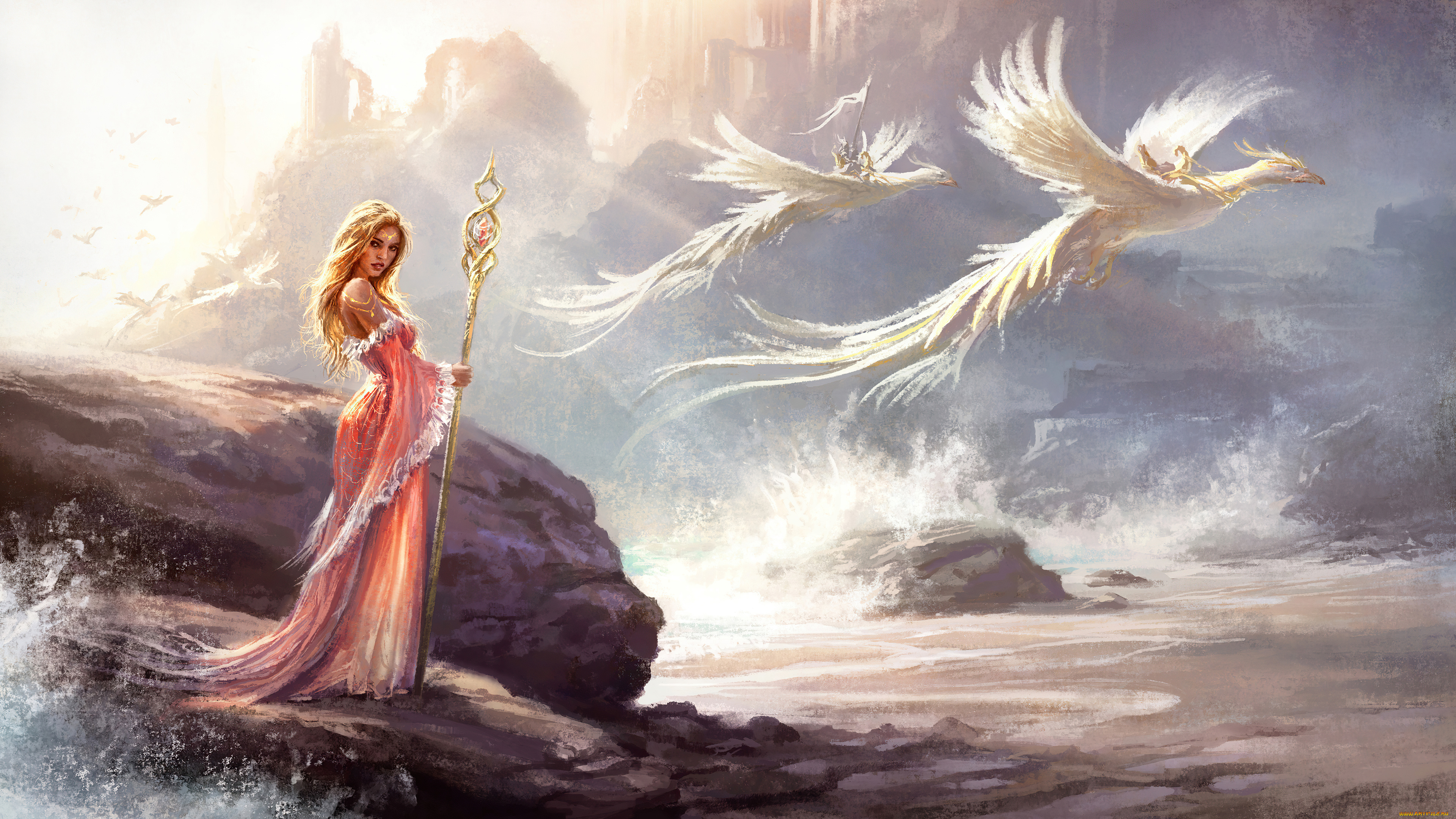 фэнтези, иные, миры, , иные, времена, арт, горы, птицы, девушка, посох