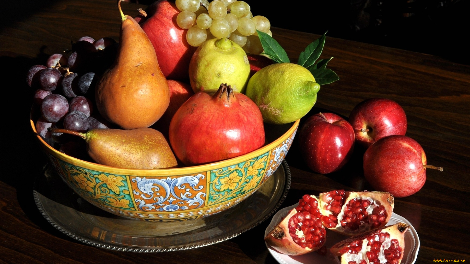 еда, фрукты, ягоды, лимон, гранат, груши, яблоки, виноград