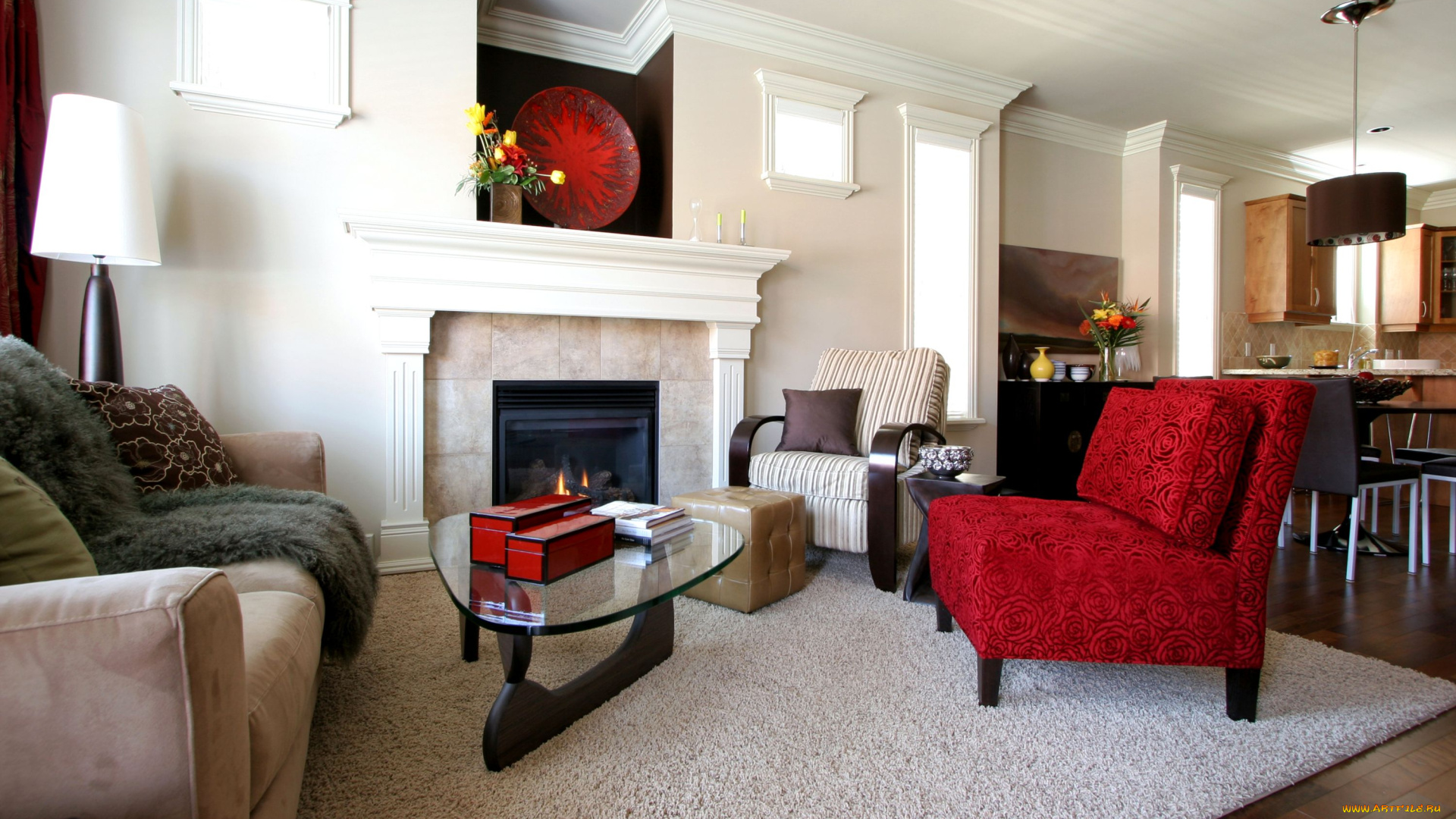 интерьер, гостиная, кресло, диван, столик, камин, блюдо