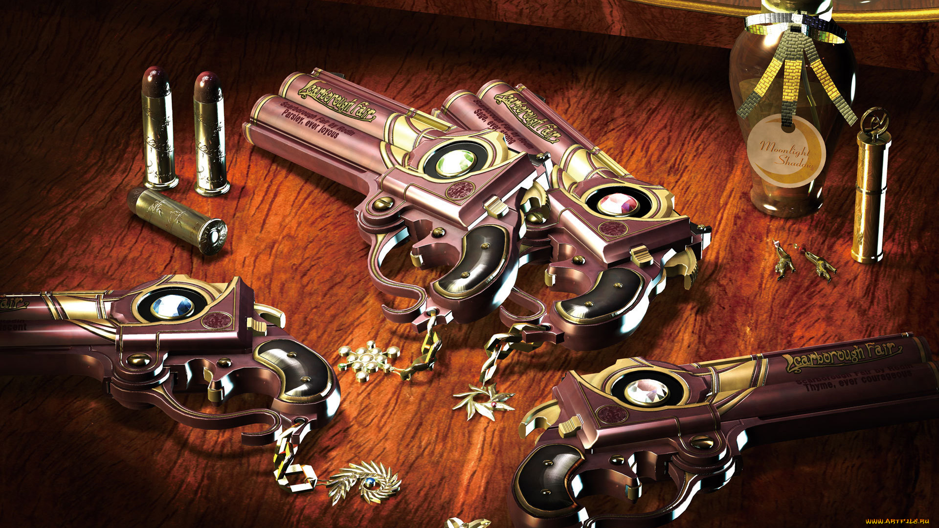 оружие, 3d, пистолет, зеркало, отражение, патроны