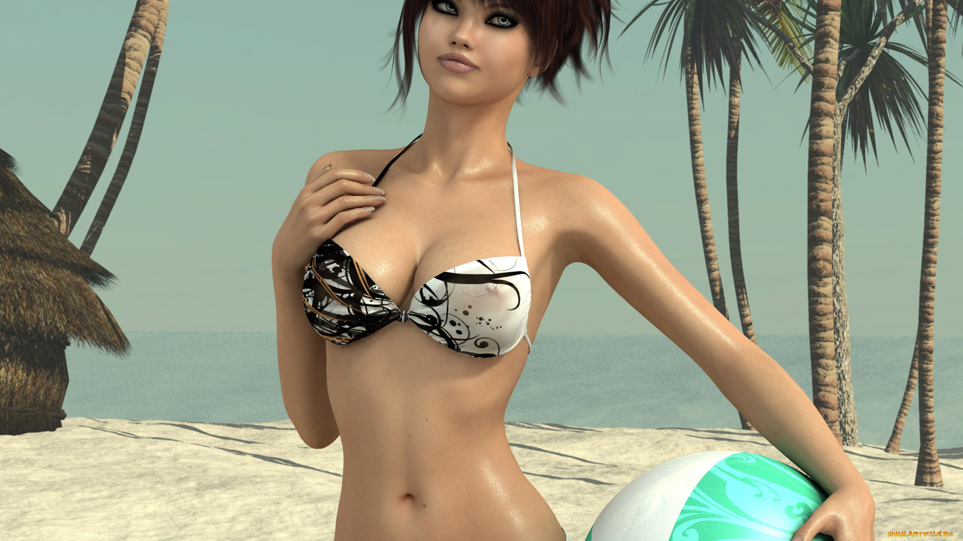 3д, графика, people, люди, девушка, пляж, купальник, шар, мяч, пальмы