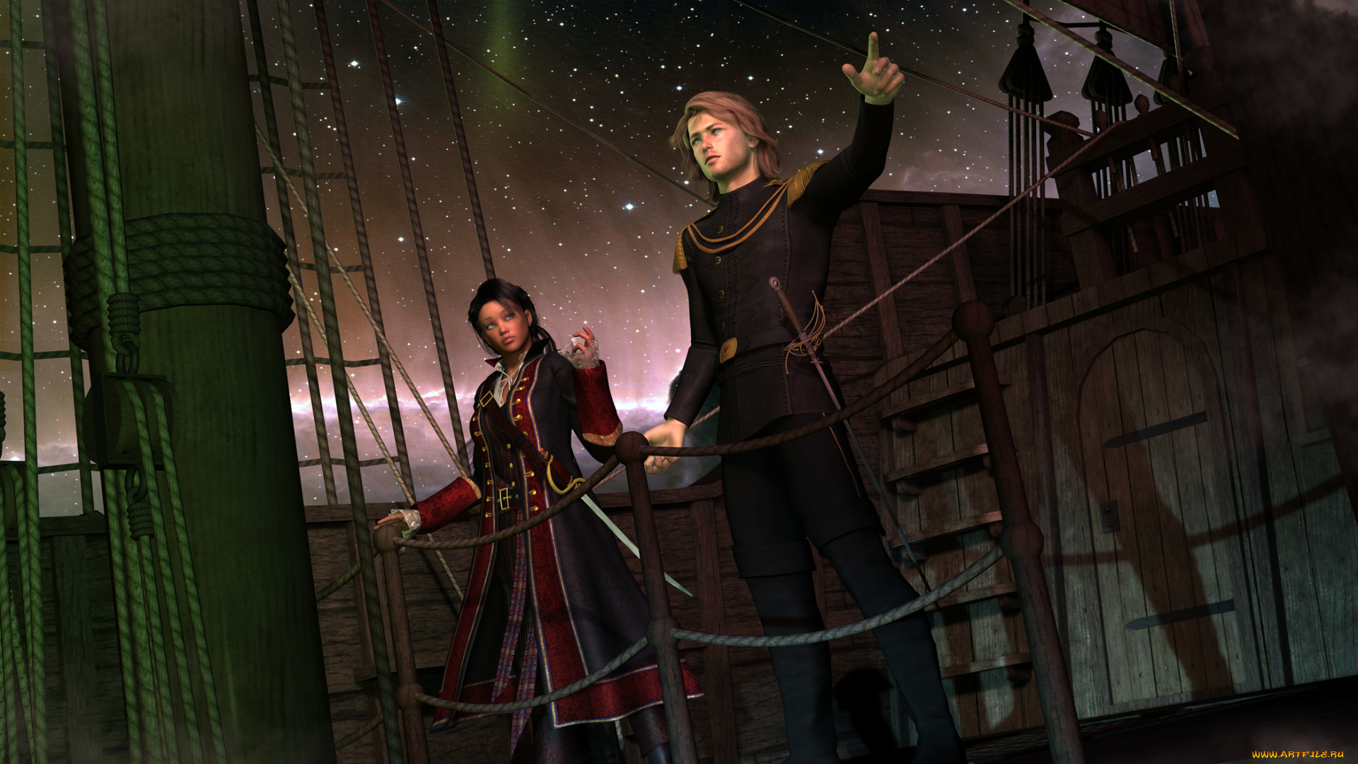 3д, графика, people, люди, корабль, звезды, шпага