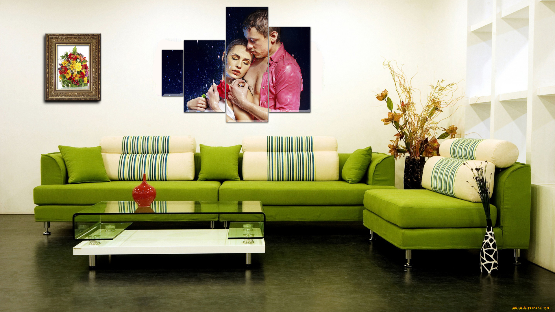 3д, графика, realism, реализм, диван, картина, полиптих, ваза, цветы, стол, интерьер