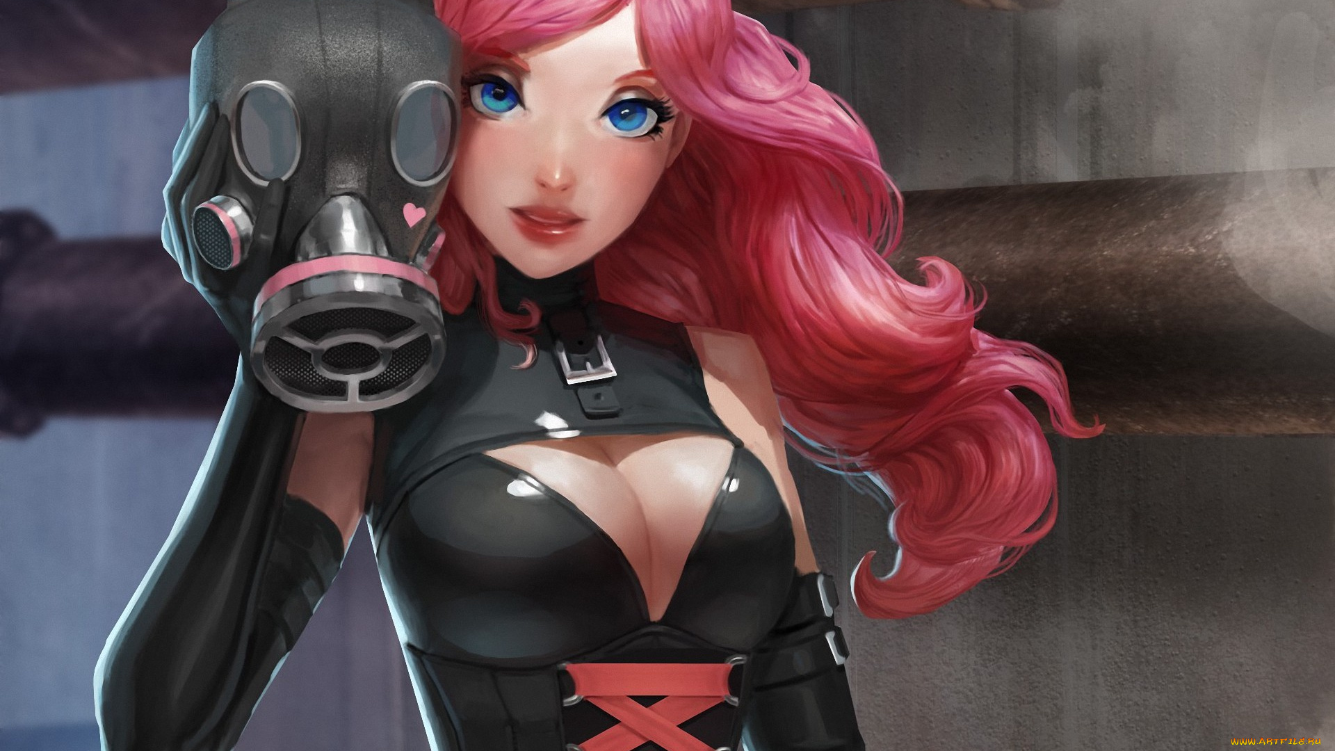 фэнтези, девушки, волосы, маска, противогаз, сердечко, трубы