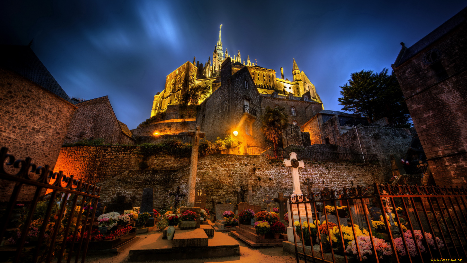 france, mont, saint, michel, города, крепость, мон, сен, мишель, франция, дома, остров, ночь, огни