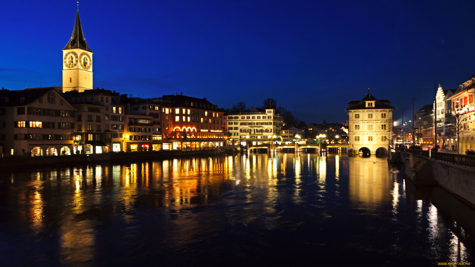 города, цюрих, швейцария, огни, ночь, мост, река
