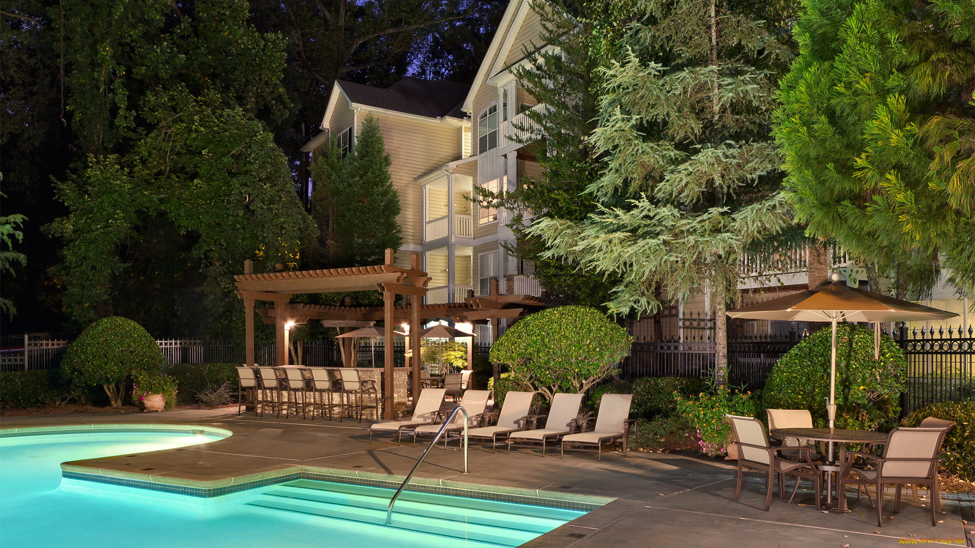 интерьер, бассейны, открытые, площадки, деревья, бассейн, дом, ландшафт