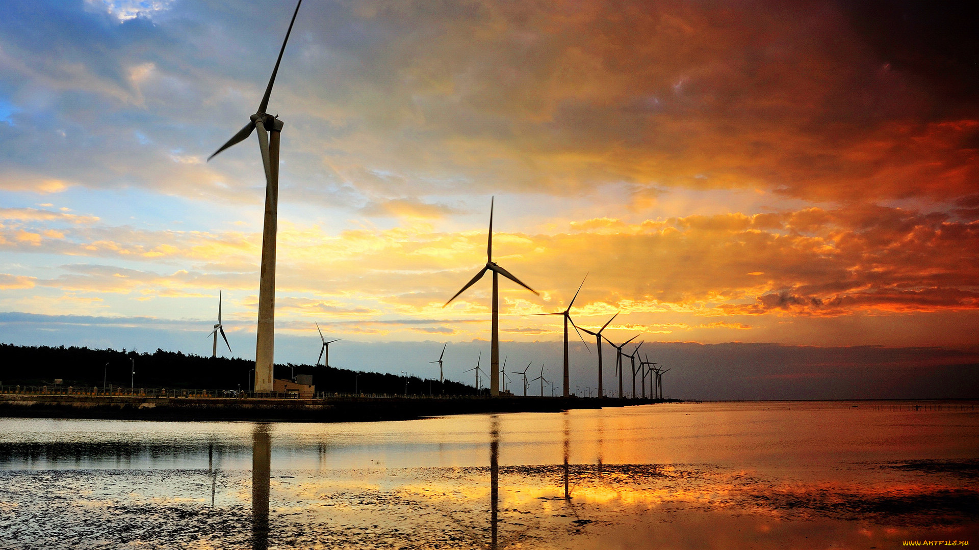 разное, мельницы, ветряки, закат, вечер