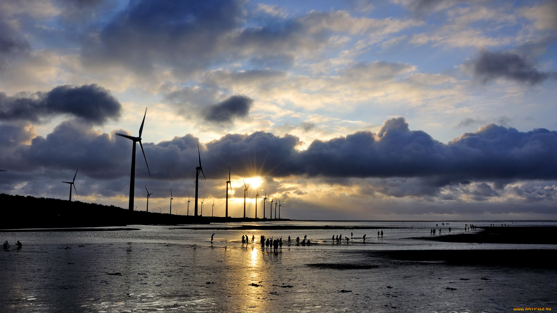 разное, мельницы, ветряки, закат, вечер
