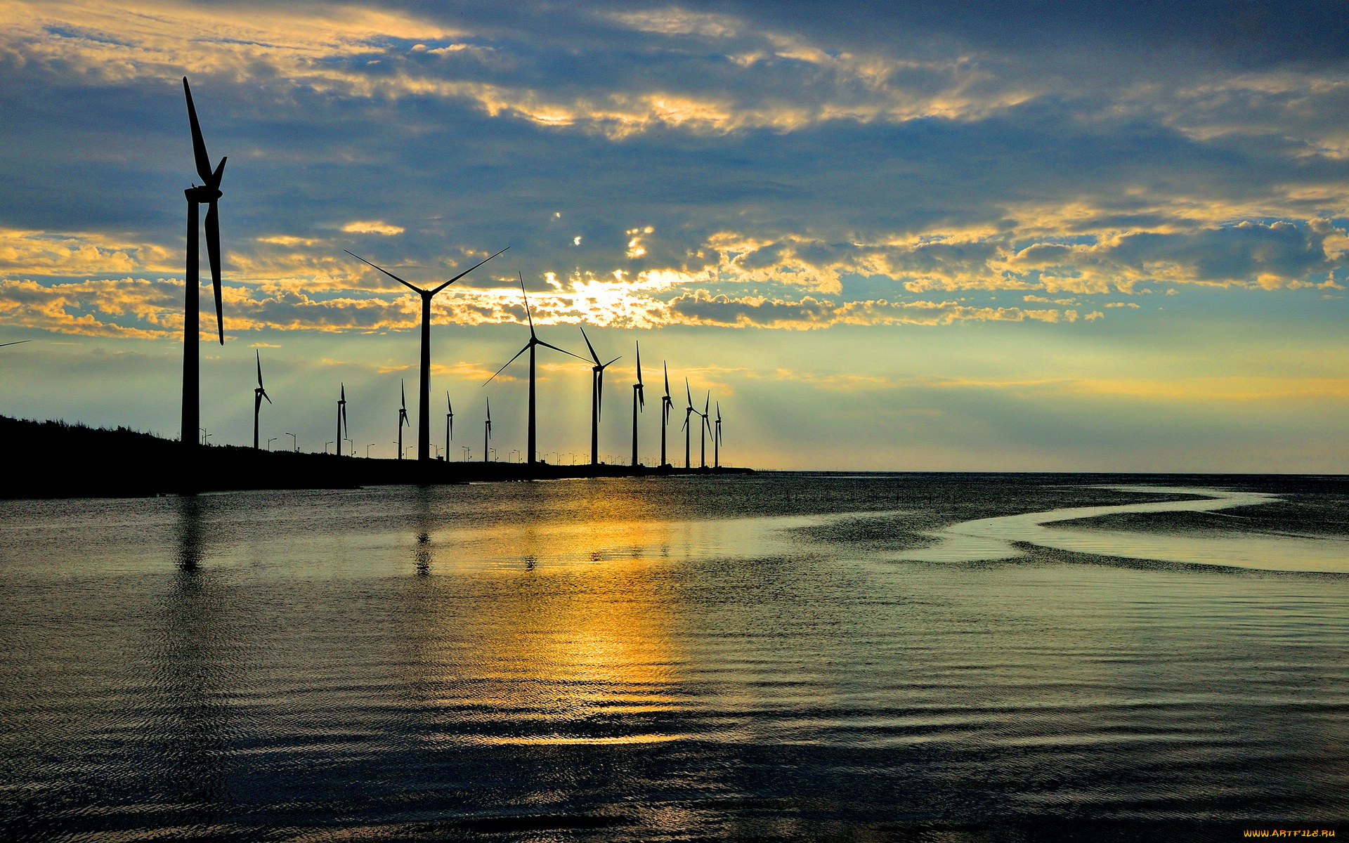 разное, мельницы, ветряки, закат, вечер