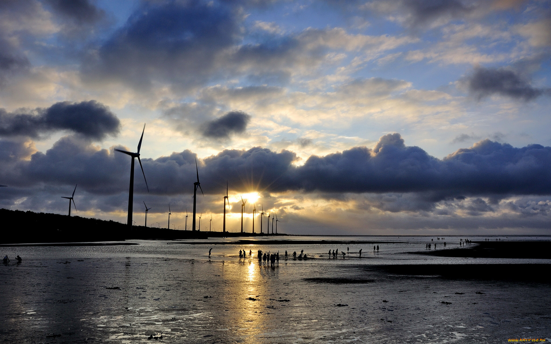разное, мельницы, ветряки, закат, вечер
