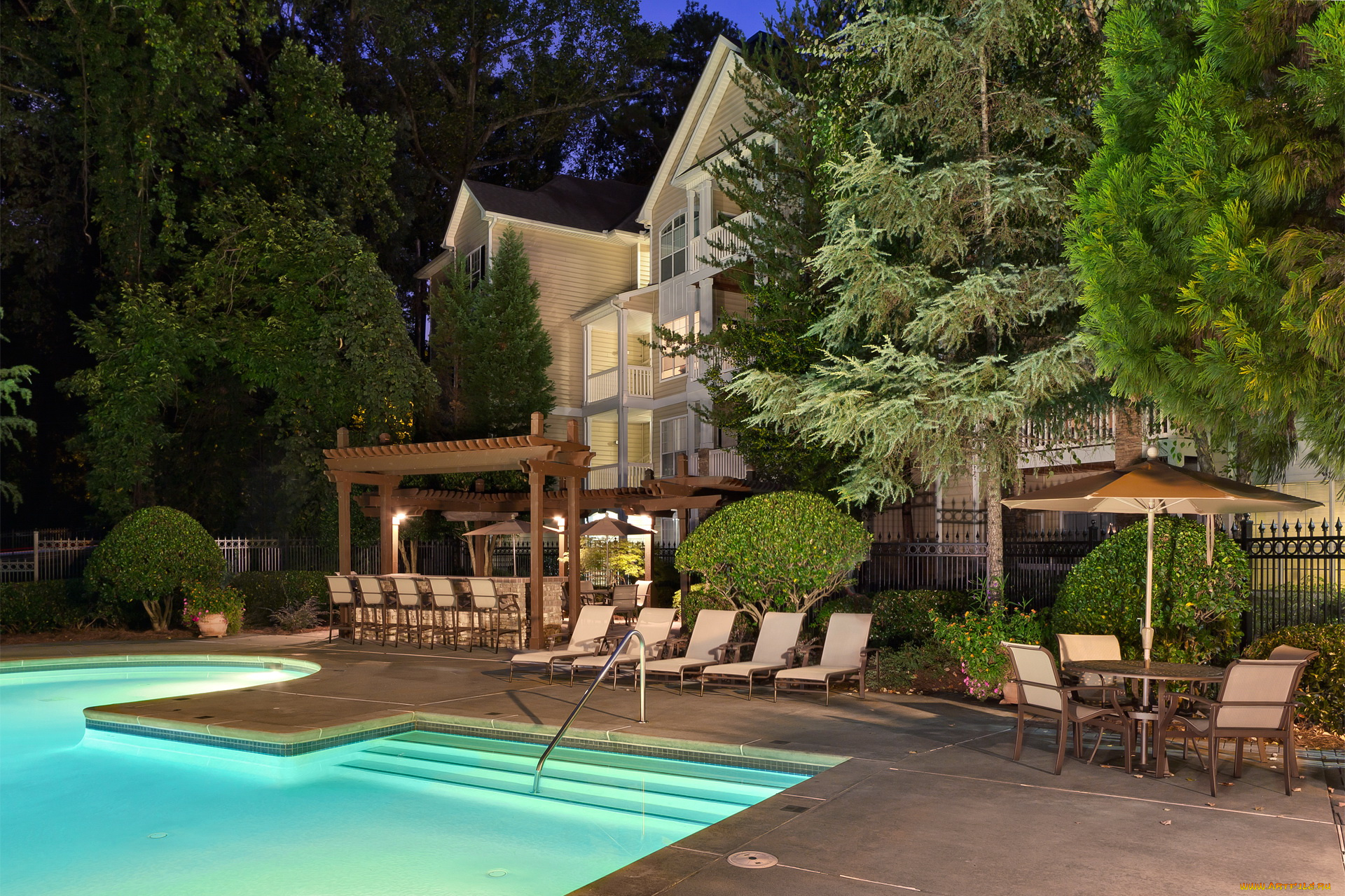 интерьер, бассейны, открытые, площадки, деревья, бассейн, дом, ландшафт