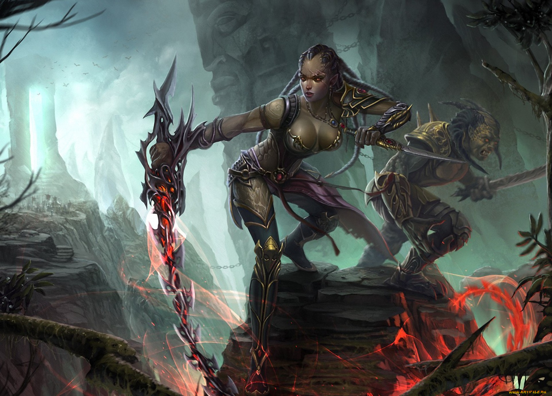 фэнтези, красавицы, чудовища, гоблин, девушка, оружие