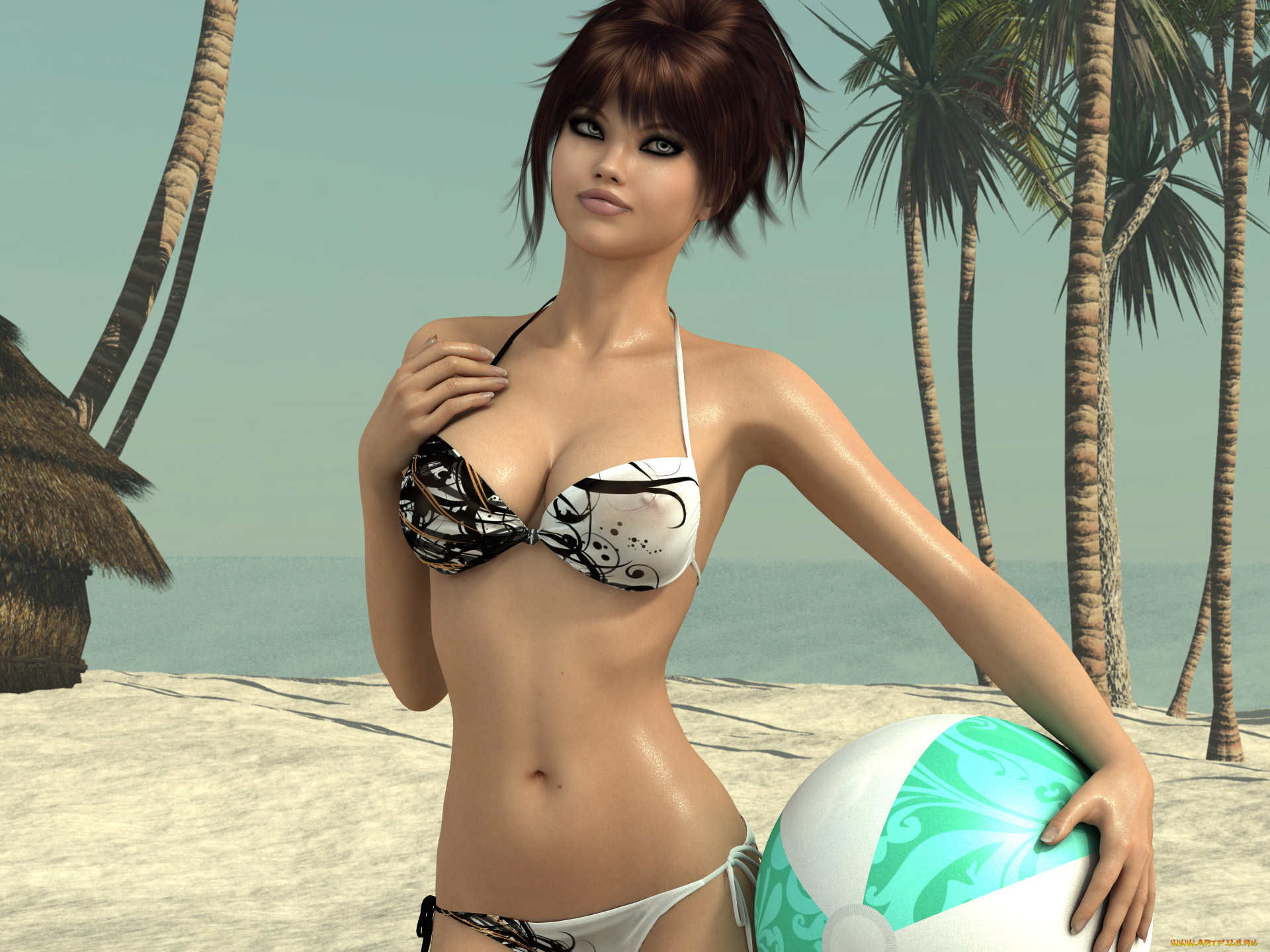 3д, графика, people, люди, девушка, пляж, купальник, шар, мяч, пальмы
