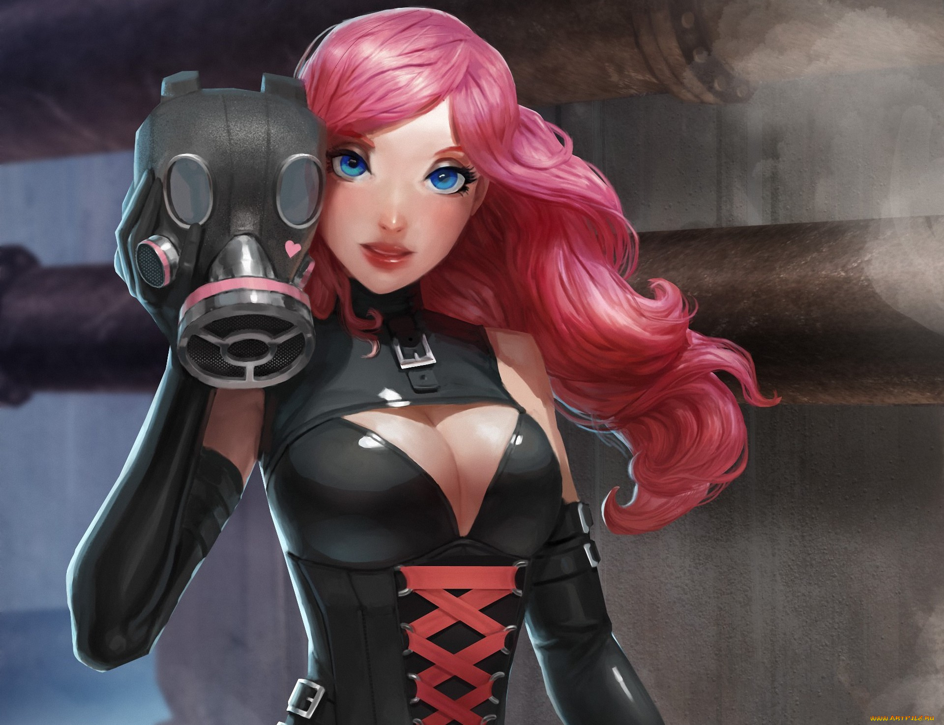 фэнтези, девушки, волосы, маска, противогаз, сердечко, трубы