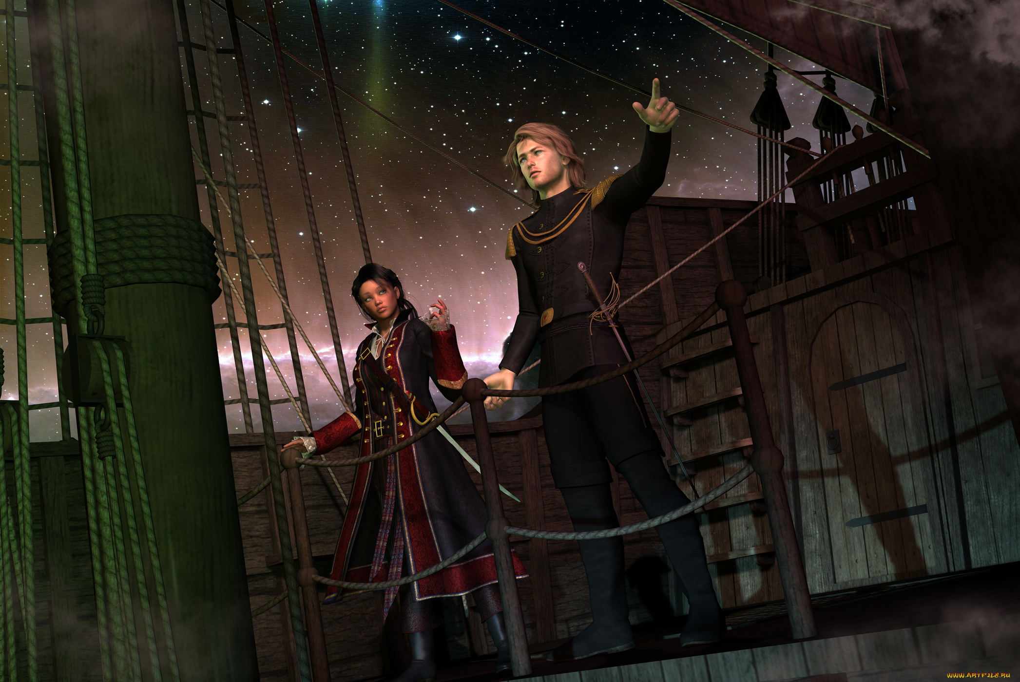 3д, графика, people, люди, корабль, звезды, шпага