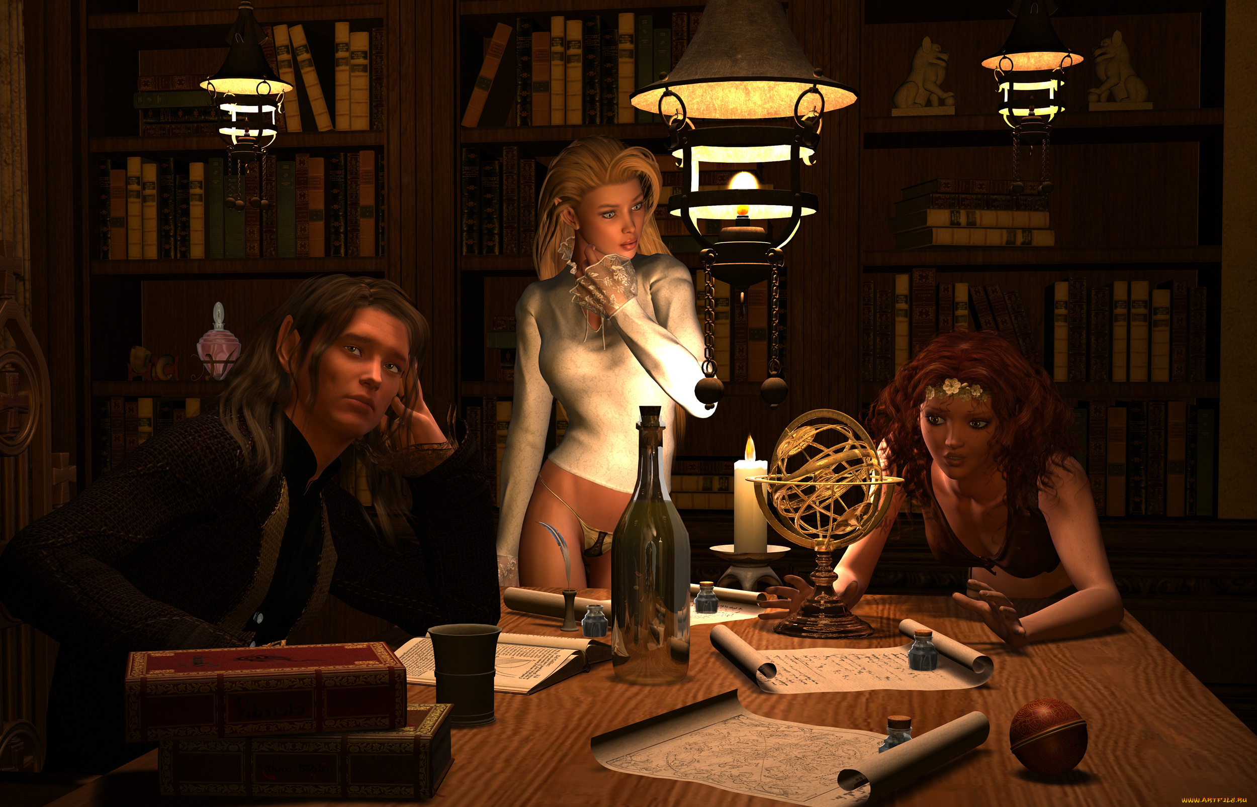 3д, графика, elves, эльфы, библиотека, бутылка, лампа, книги, карта, свеча, стол, перо
