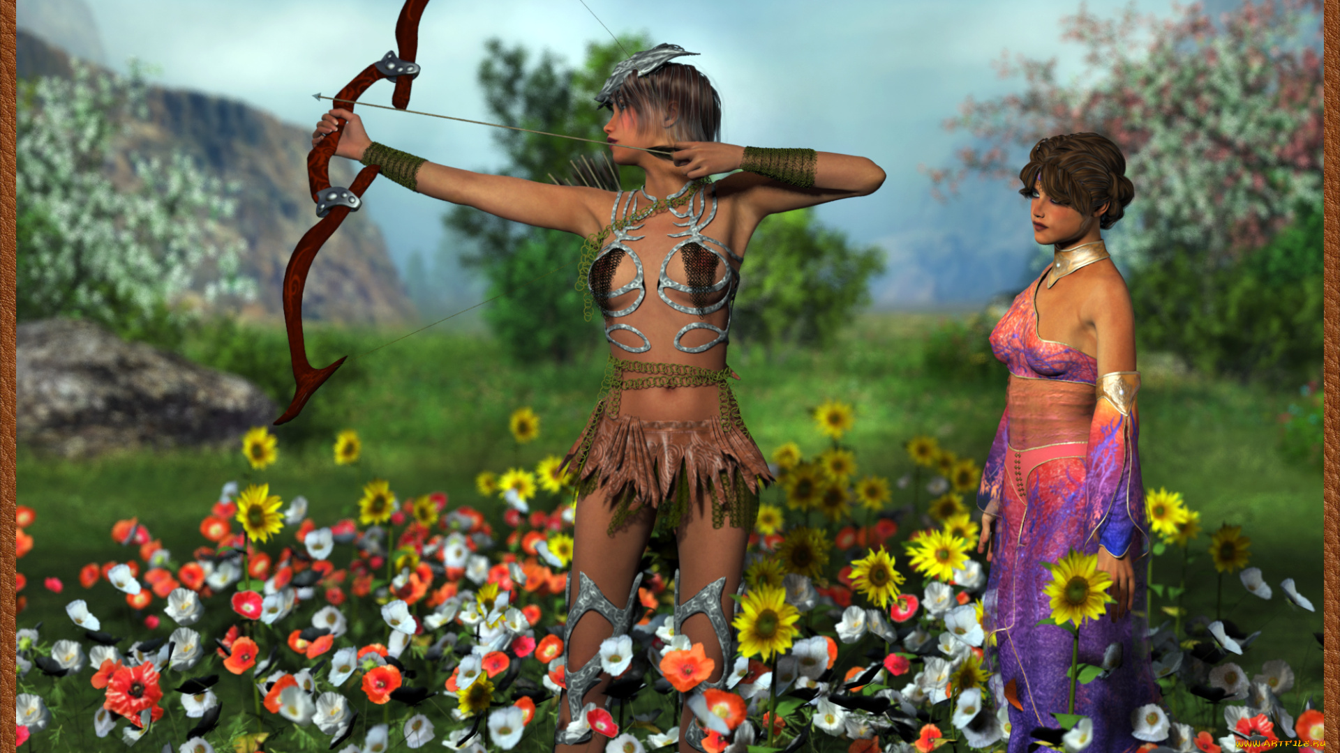 3д, графика, amazon, , амазонки, девушки, лук, цветы