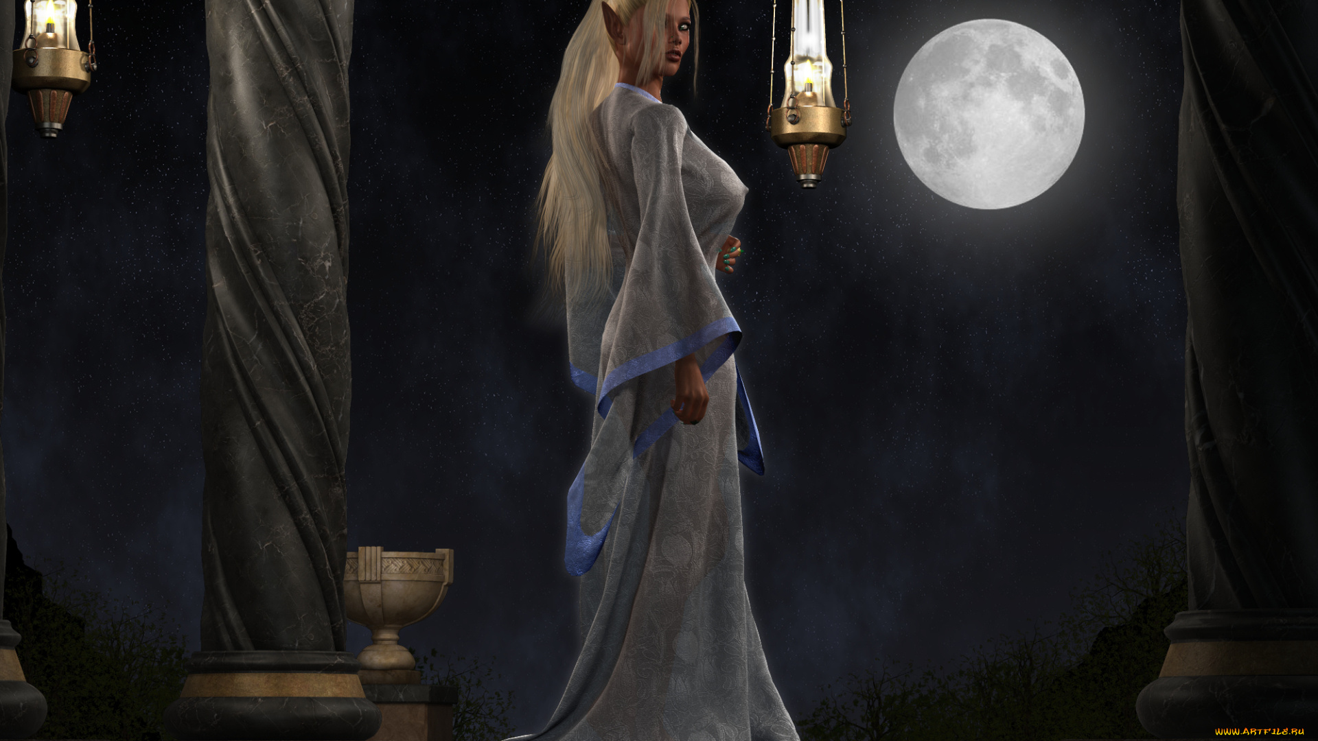 3д, графика, elves, , эльфы, эльфийка, ночь, луна