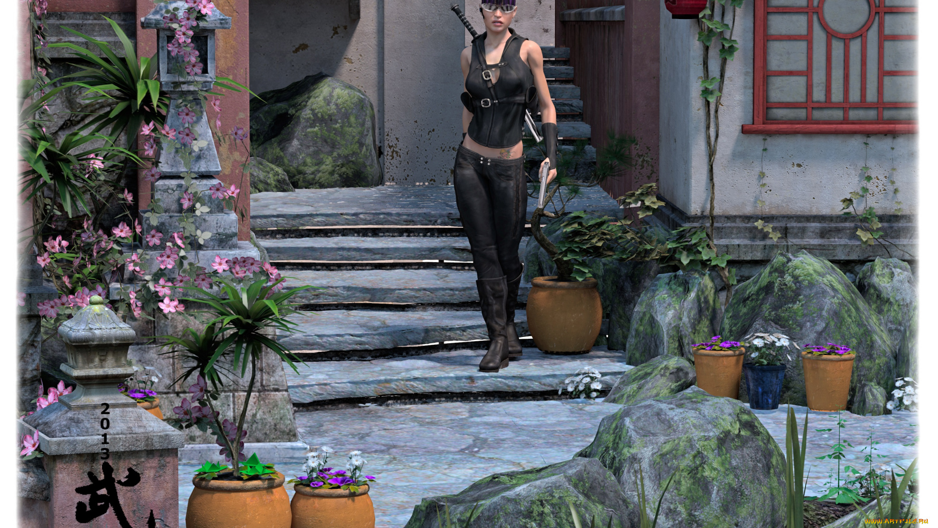 3д, графика, fantasy, , фантазия, цветы, дворик, девушка