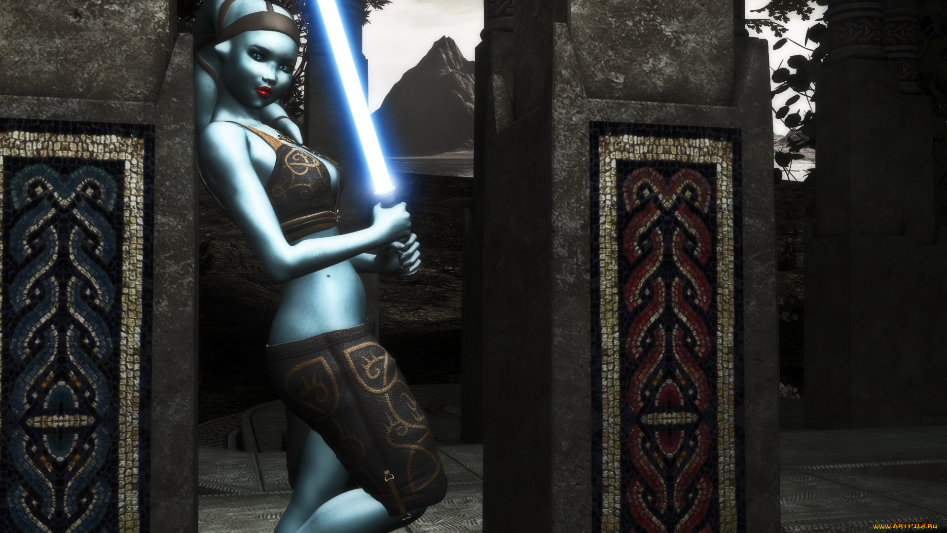 3д, графика, fantasy, , фантазия, существо, колоны, меч