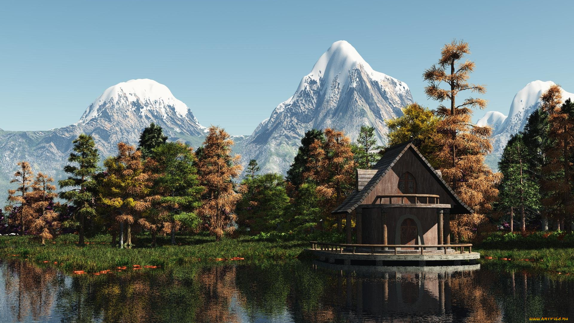 3д, графика, nature, landscape, , природа, дом, лес, река, горы