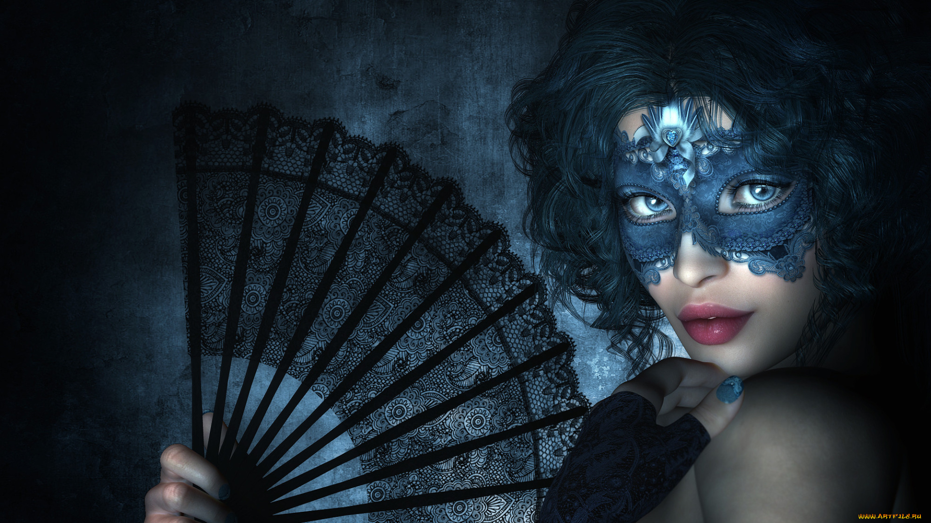 3д, графика, portraits, , портрет, рендеринг, девушка, маска, взгляд, рука, веер