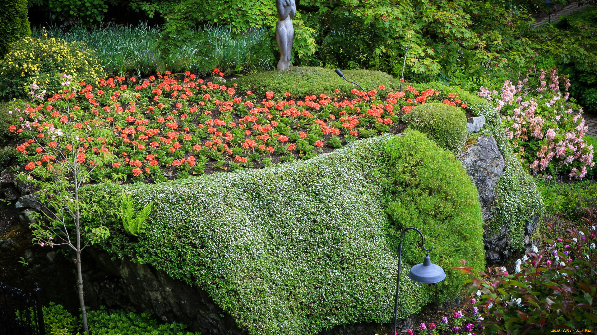 butchart, gardens, canada, природа, парк, butchart, gardens, canada, кусты, цветы, фонари, дорожка
