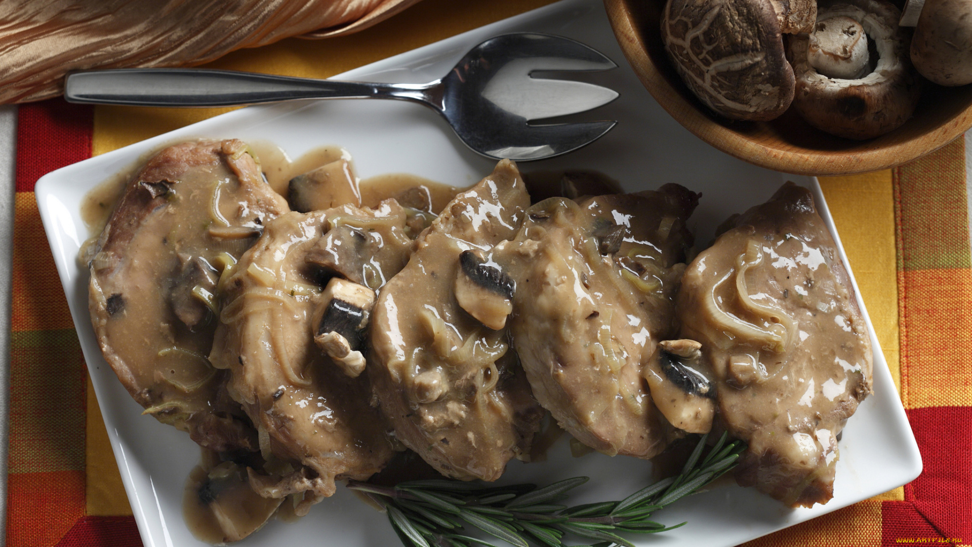 еда, мясные, блюда, фон, тарелка, ложка, грибы, мясные, отбивные