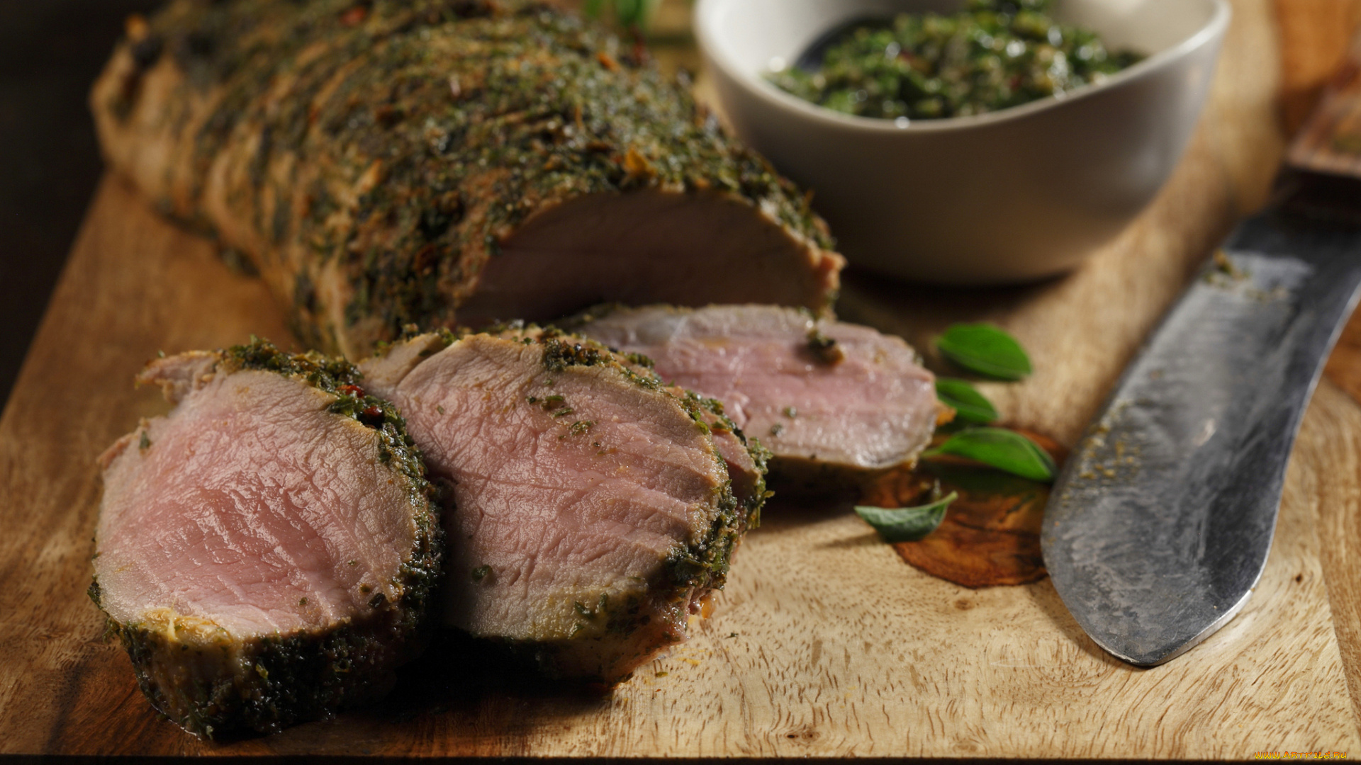еда, мясные, блюда, запеченное, мясо, нож, доска, фон, приправа, зелень