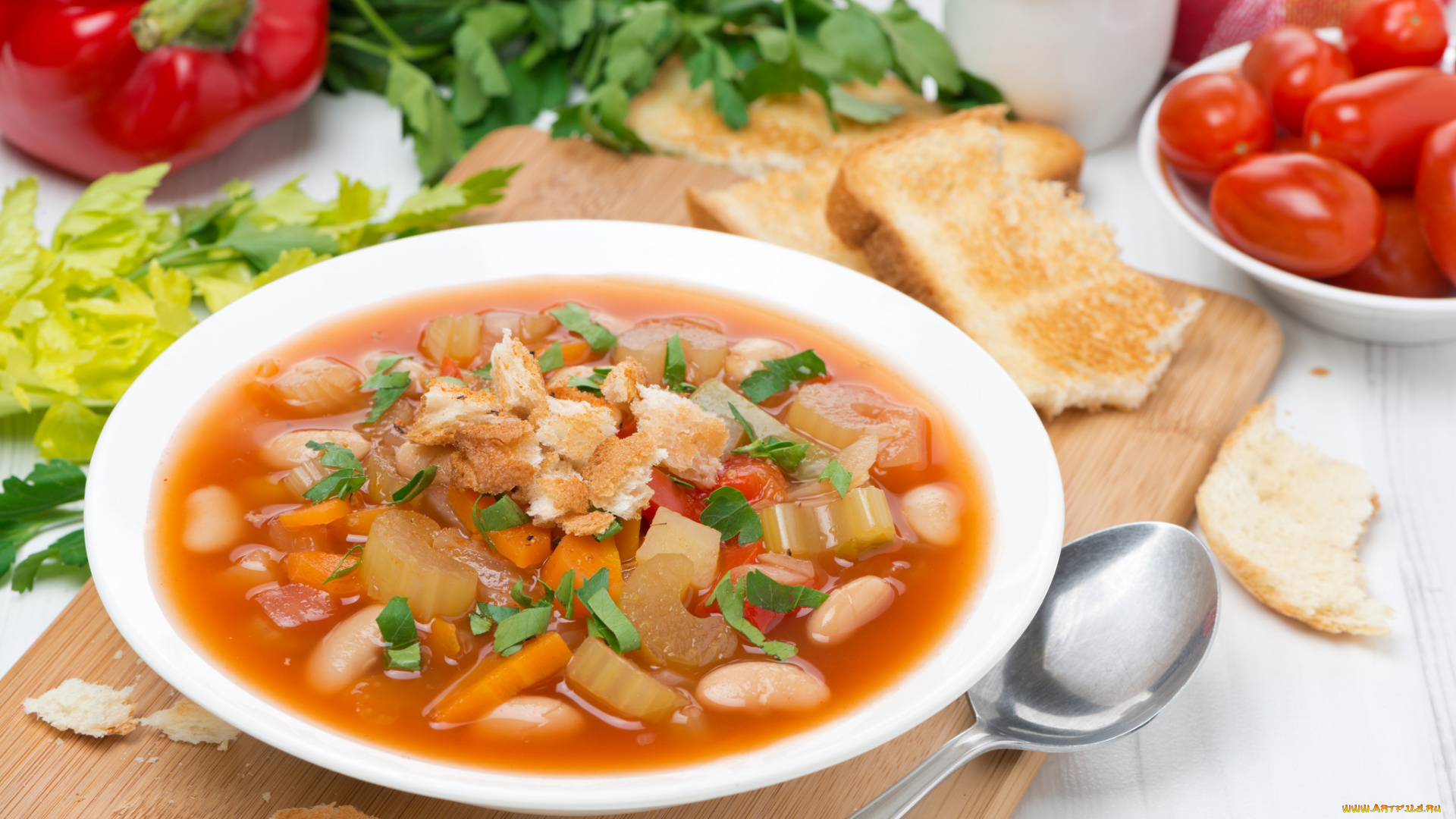 еда, первые, блюда, менестроне, суп, гренки