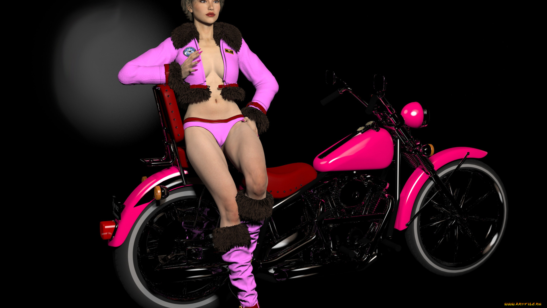 мотоциклы, 3d, девушка, мотоцикл, взгляд