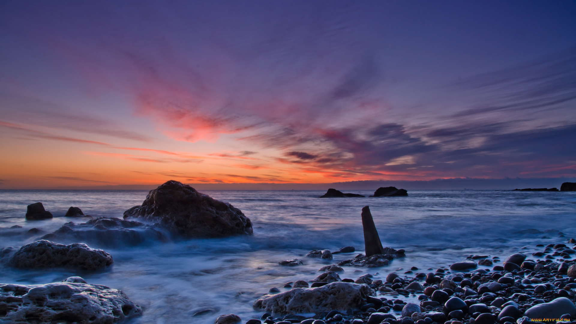 природа, побережье, океан, пляж, камни, скалы, горизонт, тучи, заря