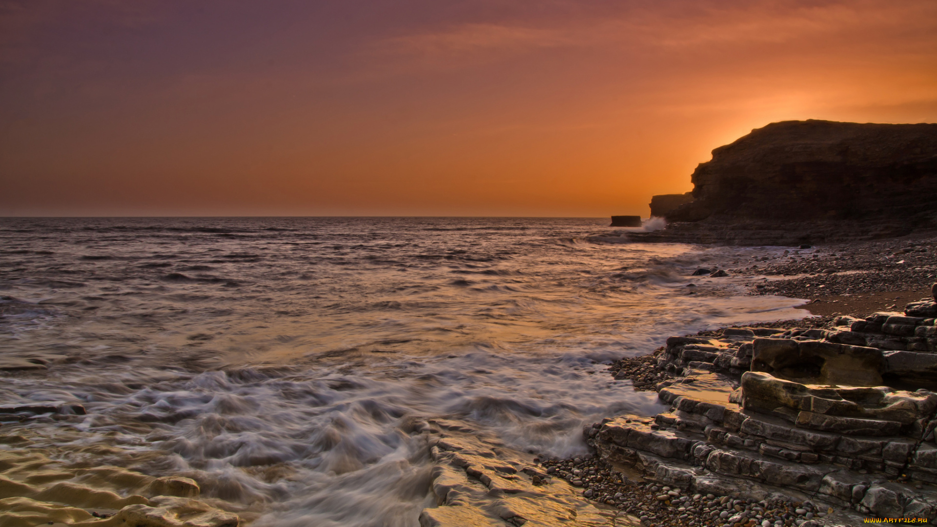 природа, побережье, океан, скалы, горизонт, заря