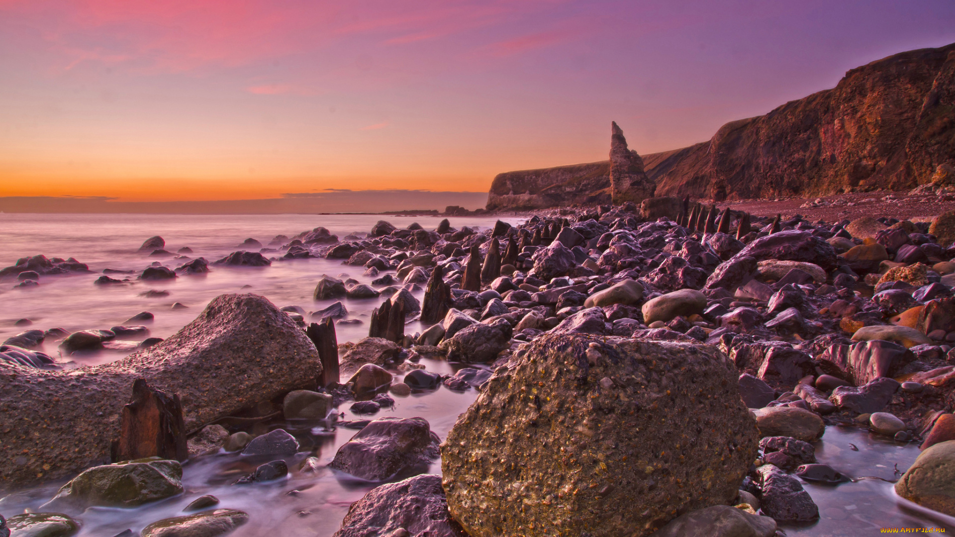 природа, побережье, океан, скалы, валуны, горизонт, заря