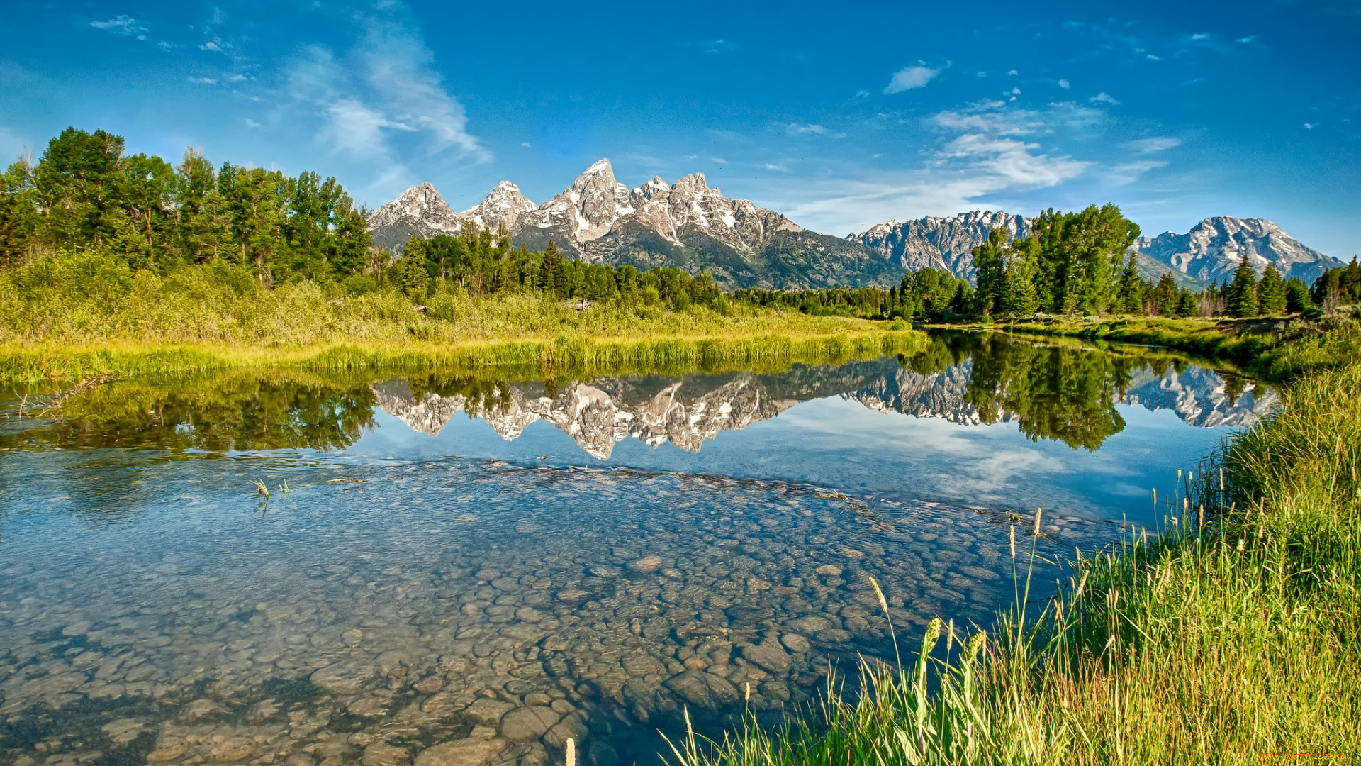 природа, реки, озера, горы, пики, лес, река, камни, трава