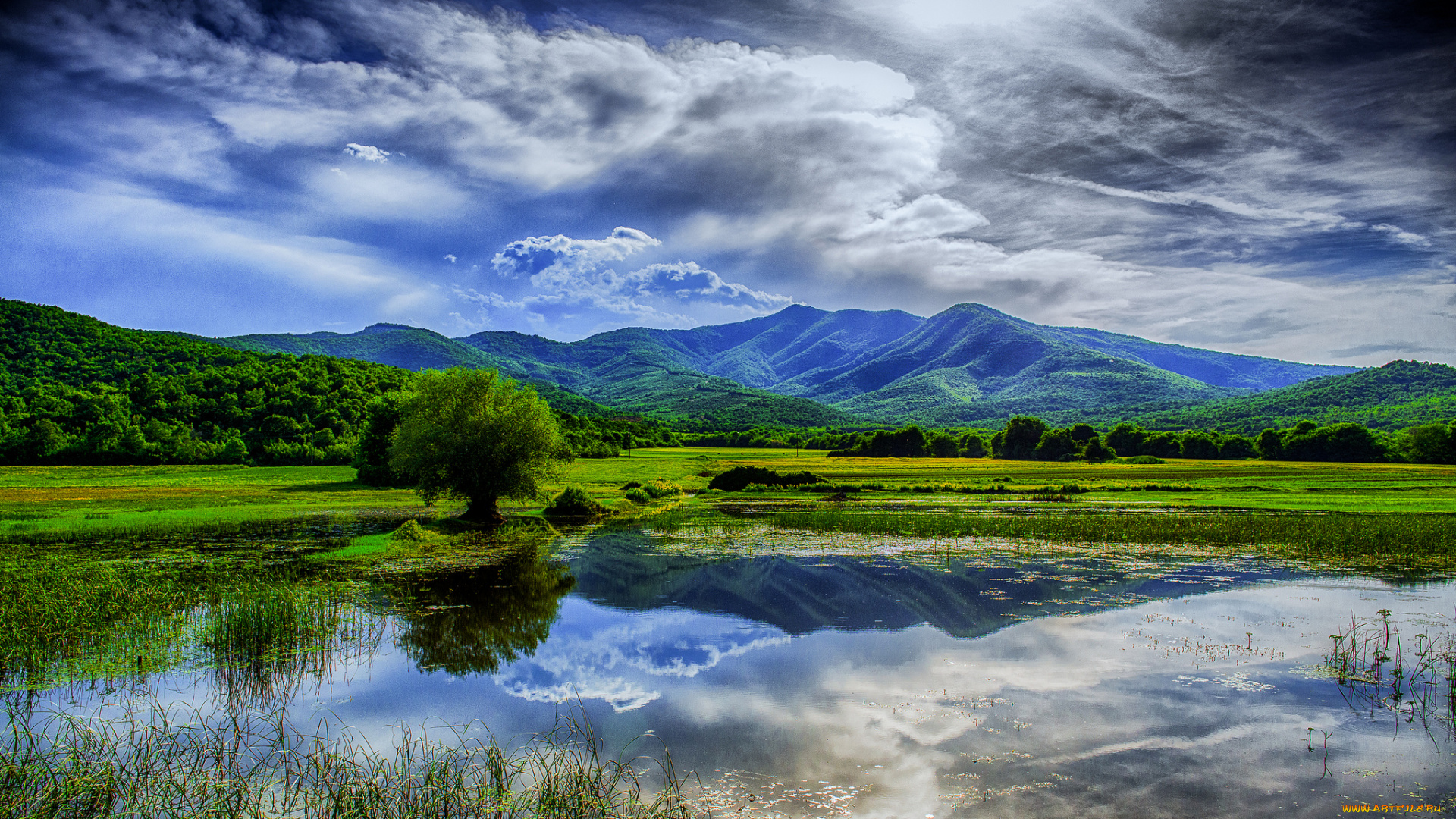 природа, реки, озера, горы, тучи, луга, лес, река