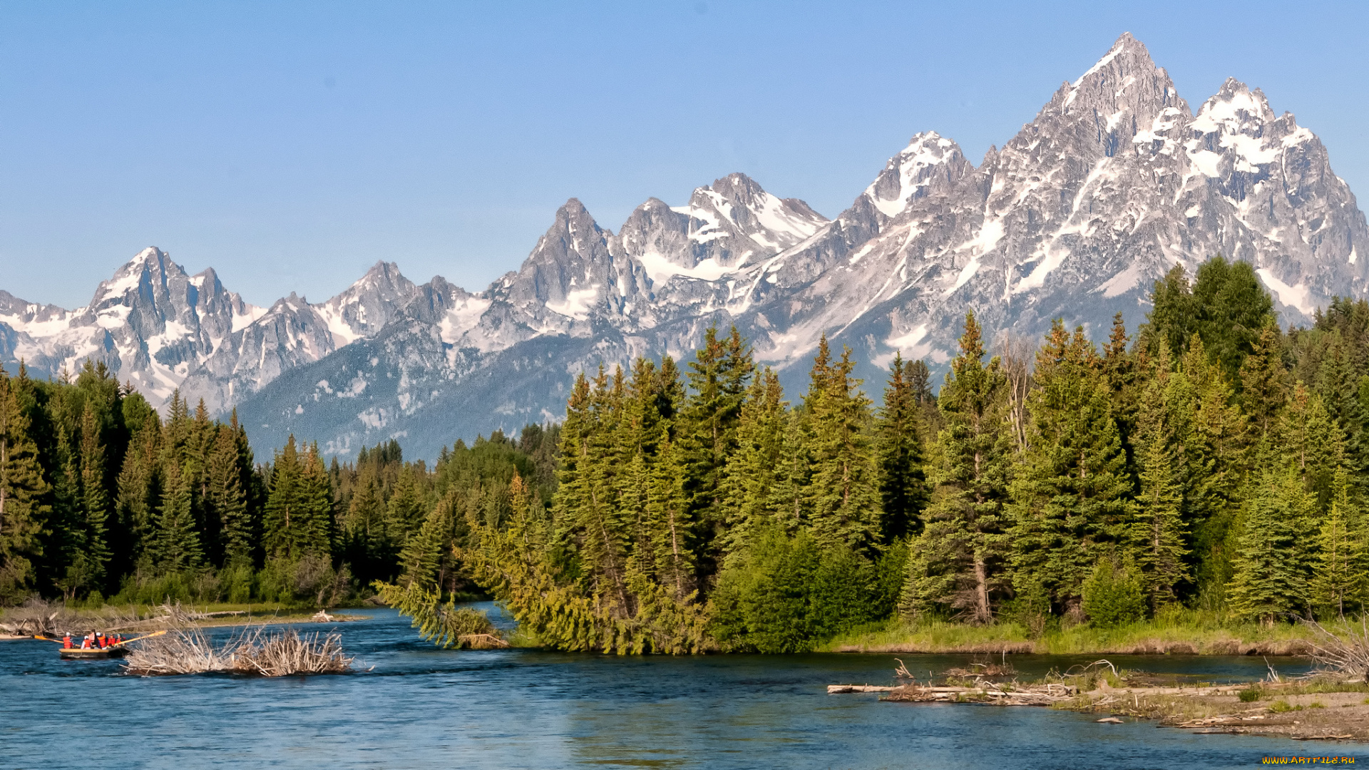 природа, реки, озера, река, пики, горы, лес