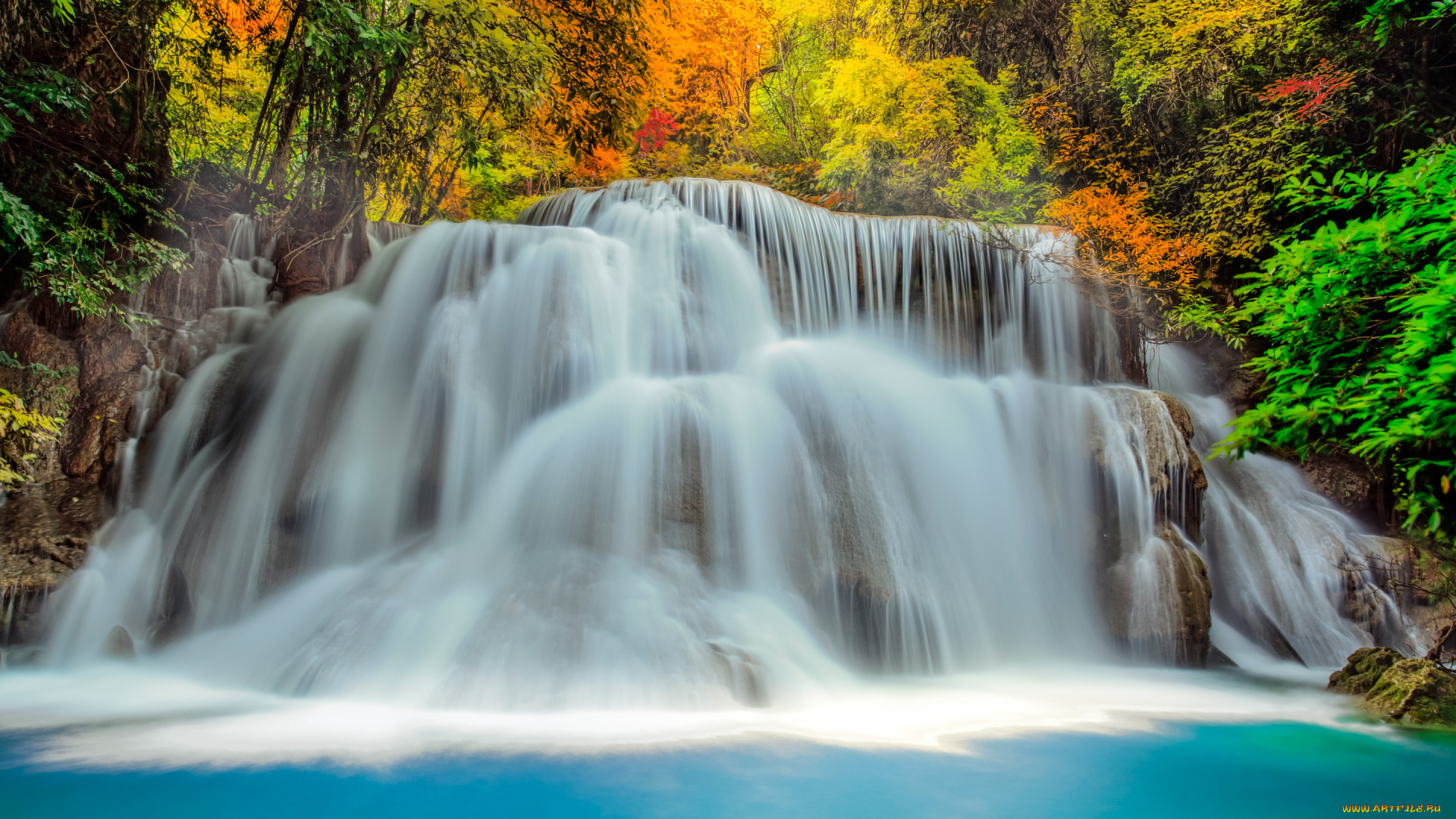 природа, водопады, thailand, таиланд, лес, осень, джунгли, река, водопад, каскад, поток, деревья, камни, обработка, цвет