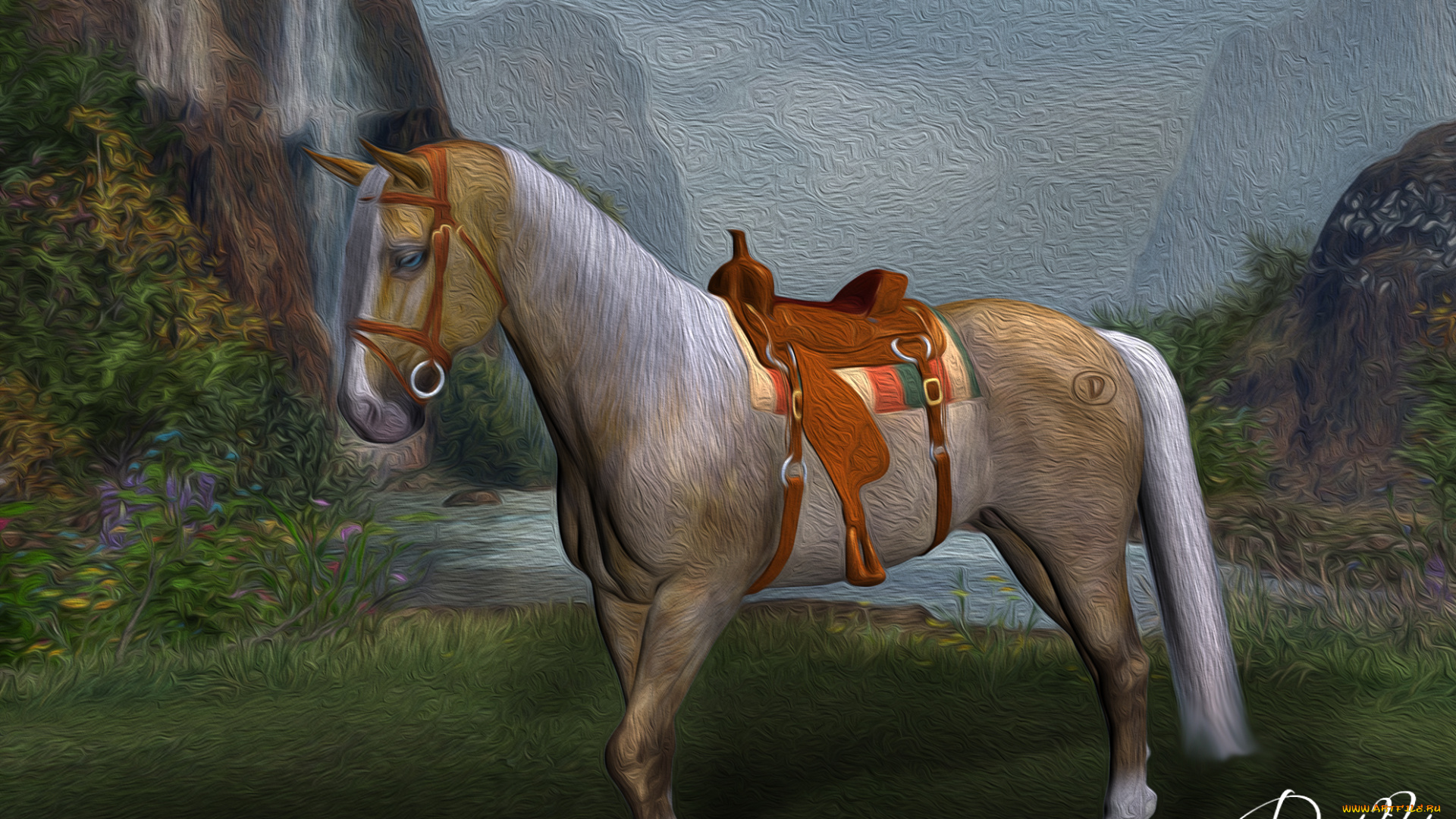 рисованные, животные, , лошади, лошадь, седло