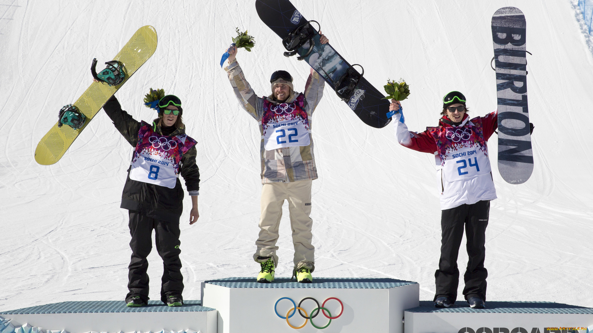 спорт, сноуборд, спортсмены, цветы, сноуборды, гора, сноубордисты, пьедестал, зима, снег, сочи, олимпиада