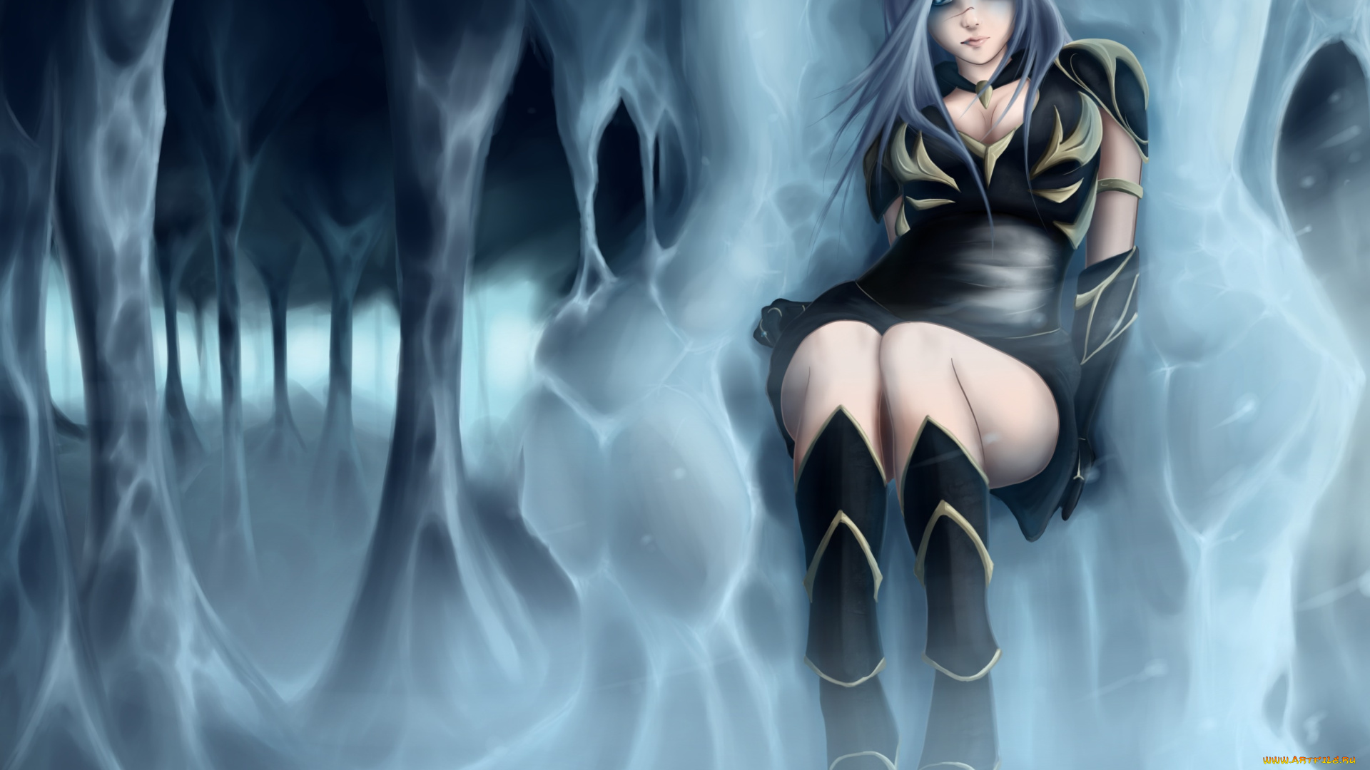 видео, игры, league, of, legends, сидит, взгляд, ashe, девушка, zack, argunov, art, ледяная, пещера, league, of, legends